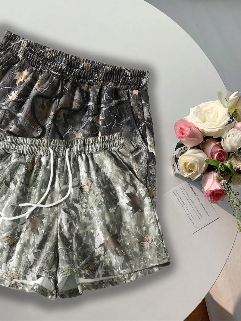 Women's Camo Print Tie Waist Shorts, Casual Comfy Breathable Shorts for Summer, Ladies Bottoms for Daily Wear, Womenswear, Lightweight Printed Shorts, Drawstring Shorts