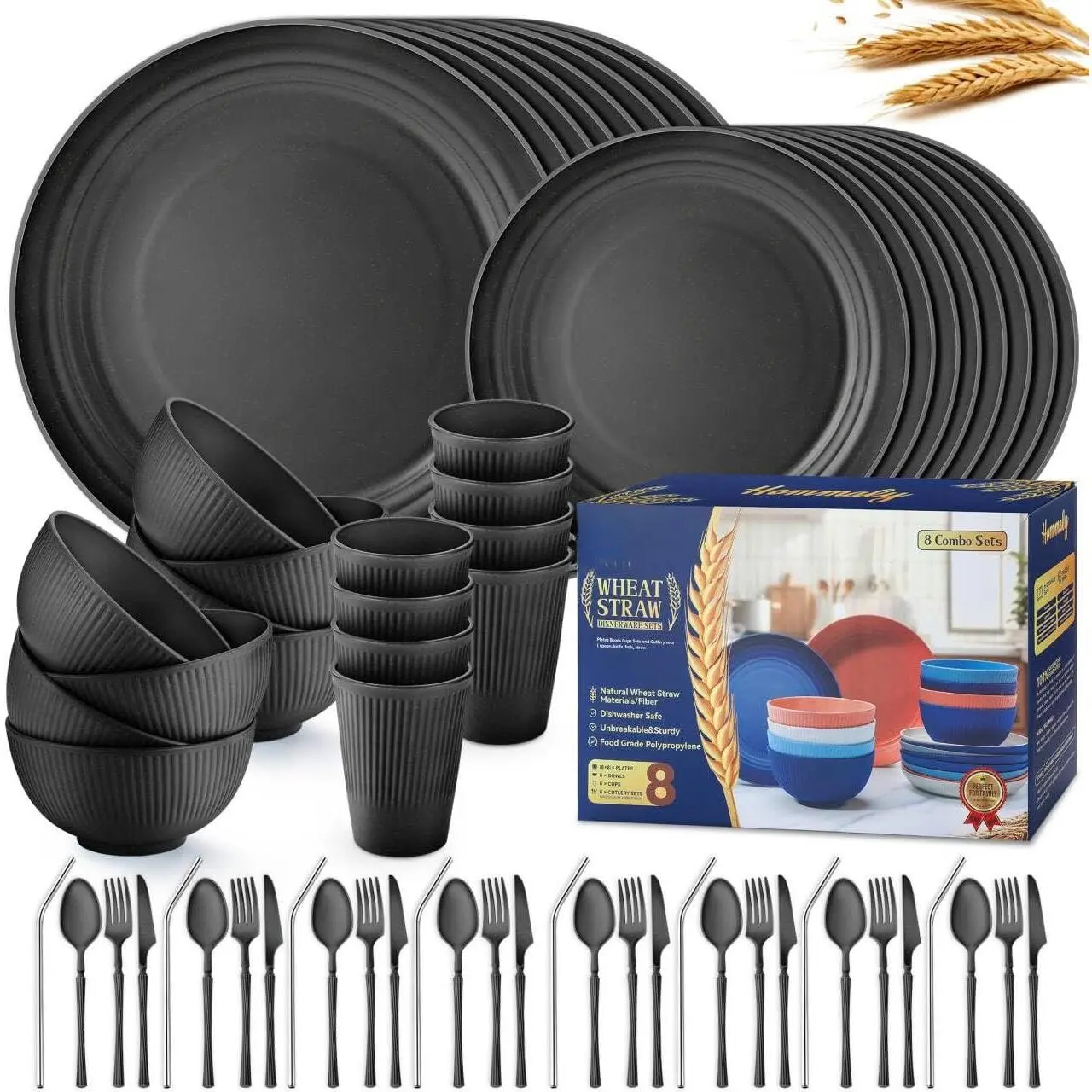 Wheat Straw Dinnerware Sets,64- Black Plates and Bowls Sets for 8-Unbreakable, Plastic Dish Set-Dinner Plate/Dessert Plate/Cereal Bowl/Cup/Utensils-Microwavable Dishwasher Safe 64P-BLACK