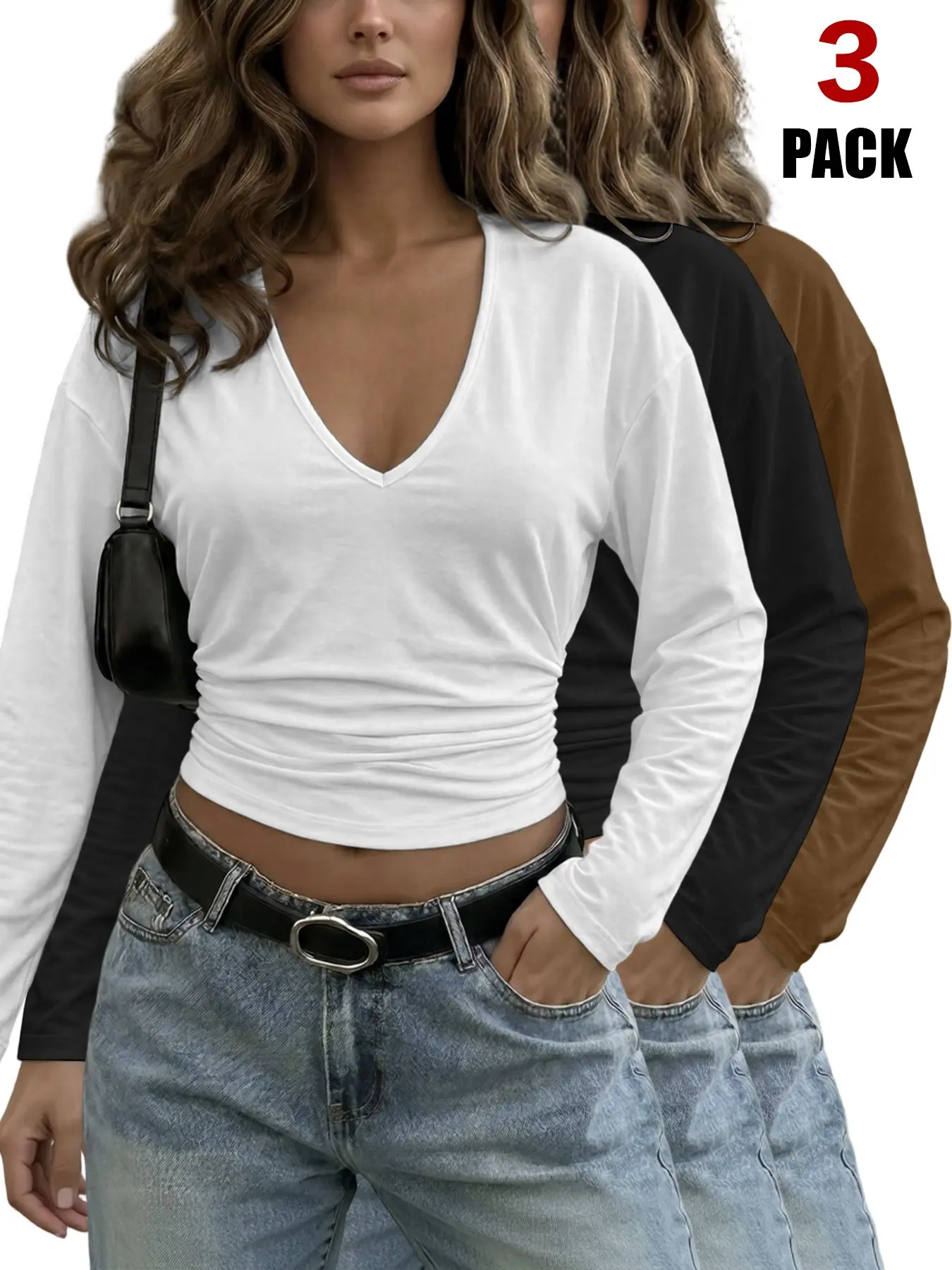 Women's Fall Winter Deep V Neck Long Sleeve Crop Top, Side Ruched Slim Fit Casual T Shirt, All Seasons Fashion Wear