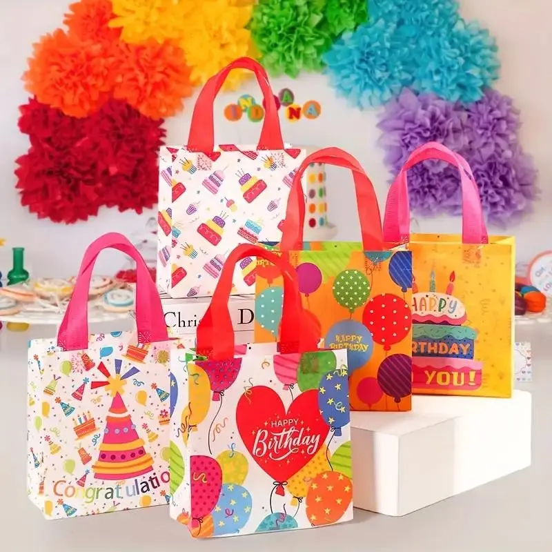 Happy Birthday Party Gift Bags, Colorful Fabric Tote Bags with Handles, Ideal for Celebrations, Events & Parties Decoration