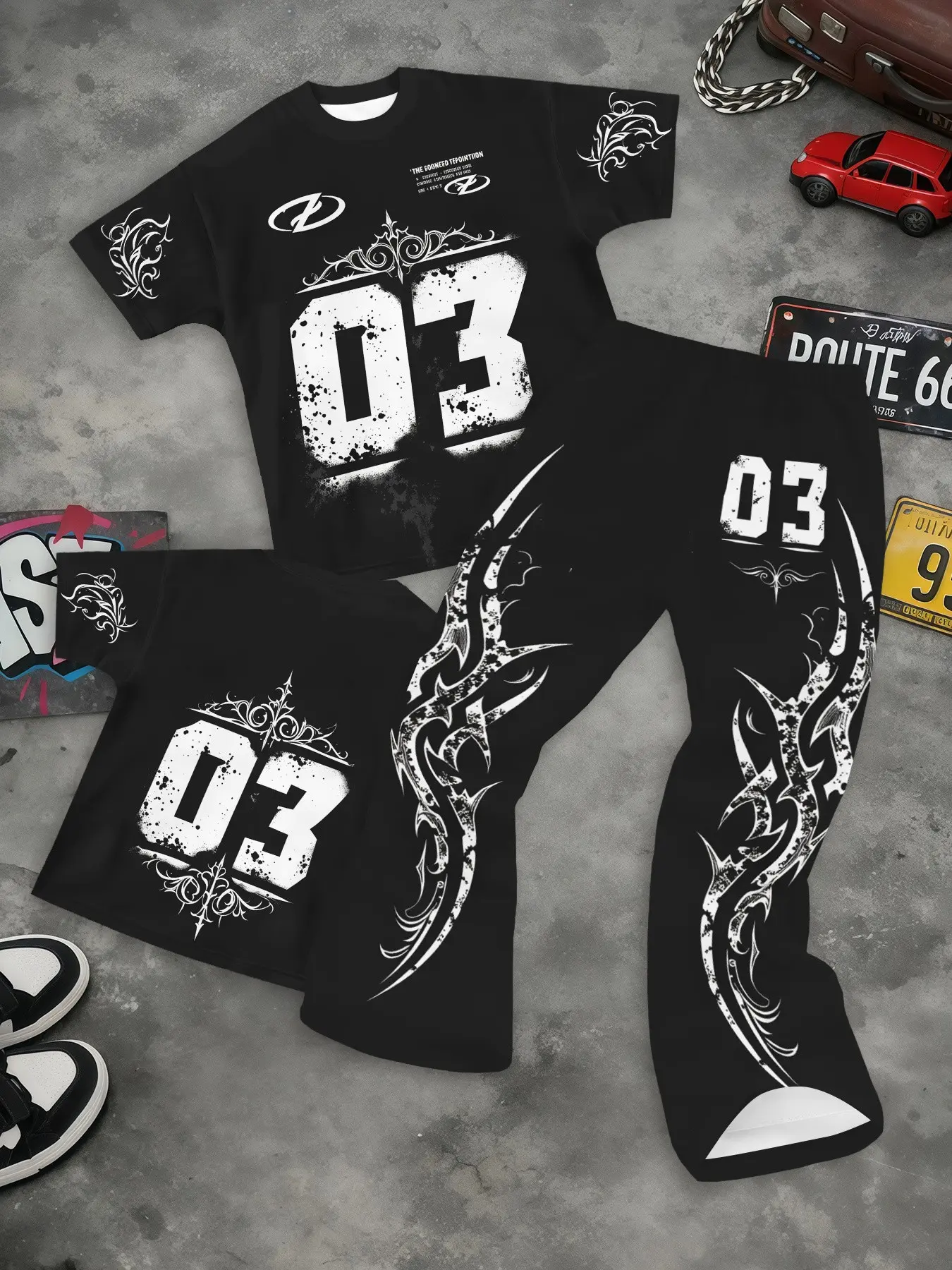 Men Graphic Matching Outfit, Vintage Tribal Number Print Short Sleeve Tee & Elastic Waist Curved Flare Trousers, Soft Airy Material, Cool Trendy Suit For Outdoor Leisure Time
