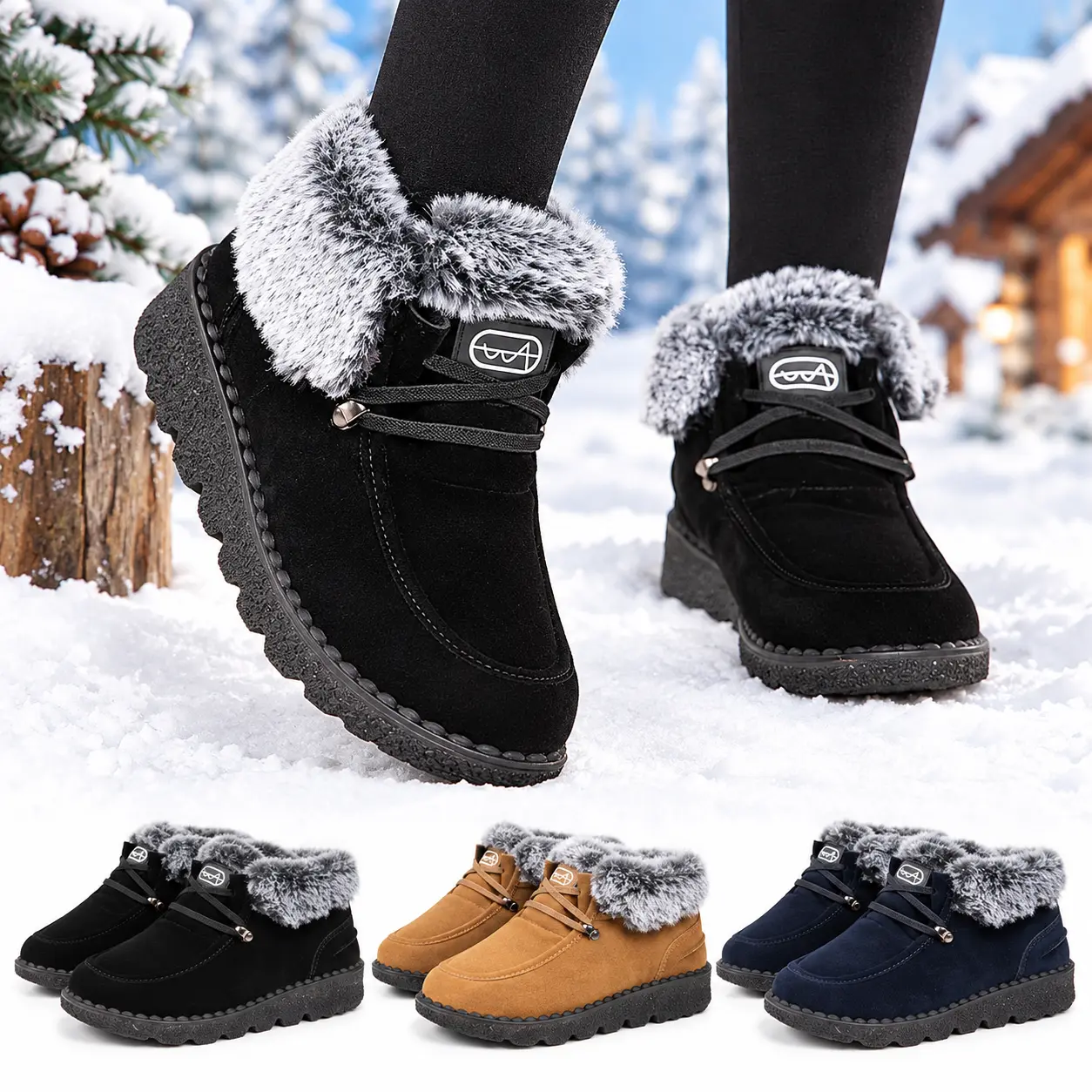 Women's Fur Lined Winter Snow Boots, Warm Ankle Booties, Water Resistant Non Slip Comfort Outdoor Short Boots for Cold Weather