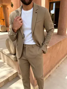 Men's Two-Piece Suit Set, Plain Surface, Slim-Fitting, Casual Style, Comfortable Breathable Wrinkle-Resistant Fabric, All Seasons