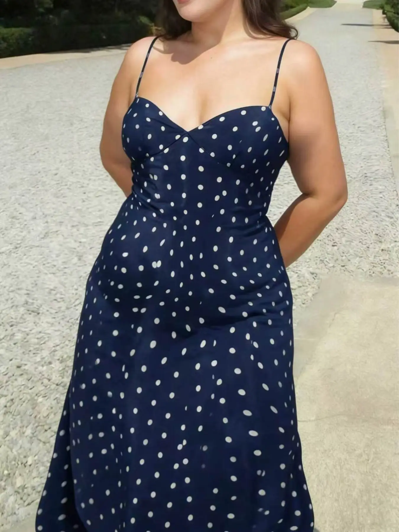 Plus Size Women's Summer Polka Dot Thin Strap Long Dress, Lightweight A-Line Sundress, Casual Travel Date, Daily Wear, Beach Dress