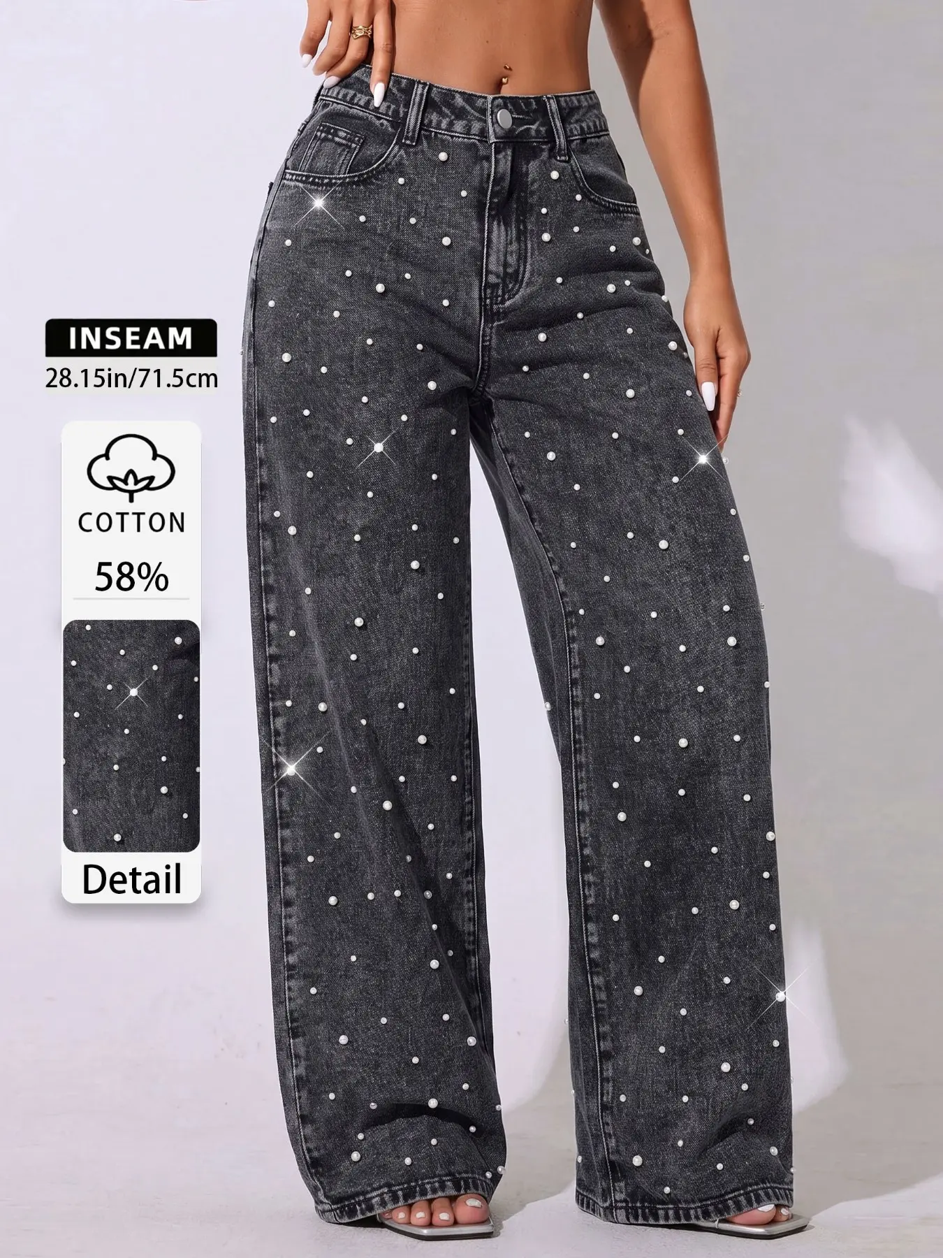 Latina Mid-Rise Straight Leg Jeans with Beaded Detail, Snow Wash Denim Pants for Women, Slimming Sexy Streetwear, Elegant Chic Casual Summer Bottoms, All-Season Trendy Fashion