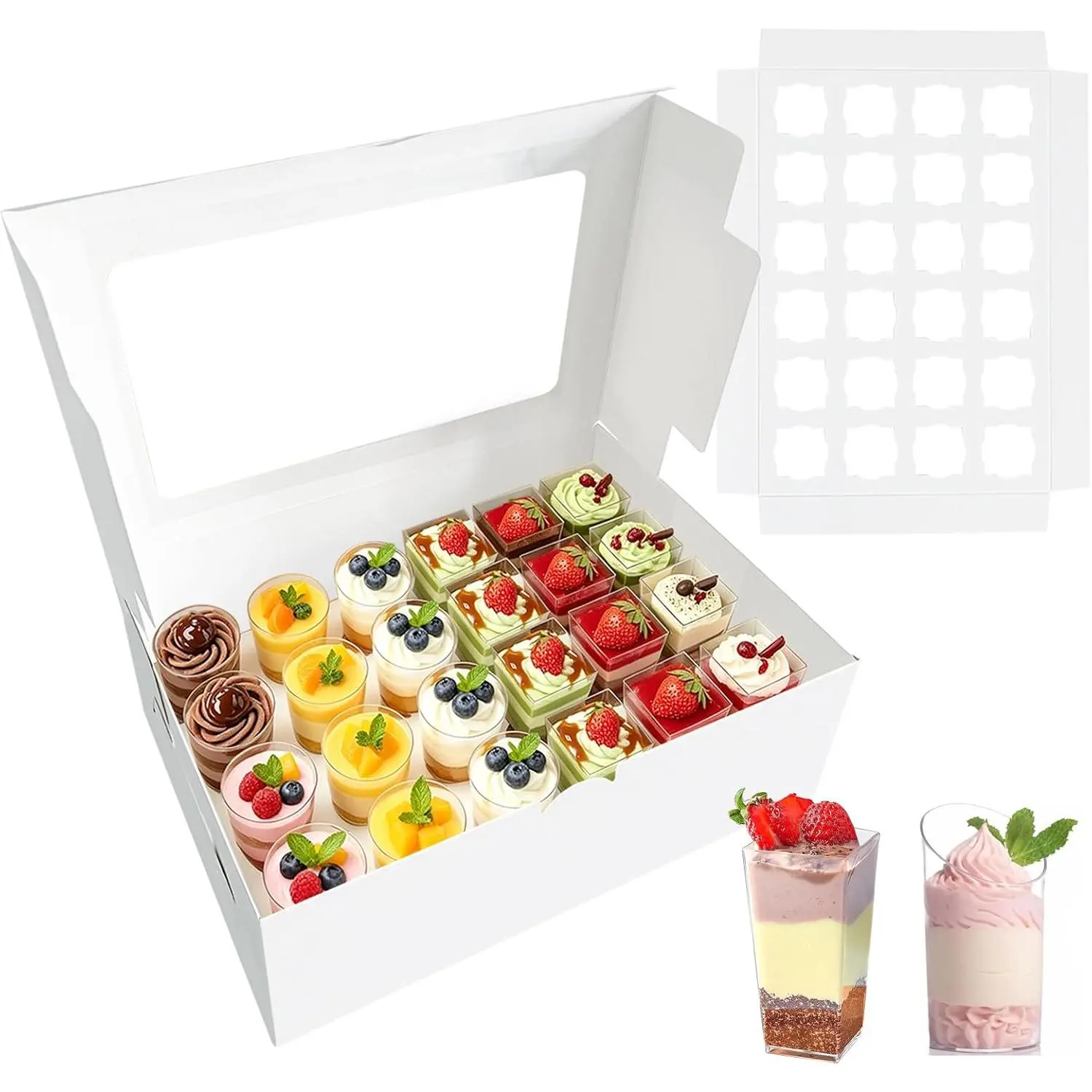 2 Pack Dessert Shooter Boxes for 24 Count 3 oz Dessert Shooters,  Safe Pudding Cups Carrier Storage Containers with Window and Inserts for Events, Weddings &  Use