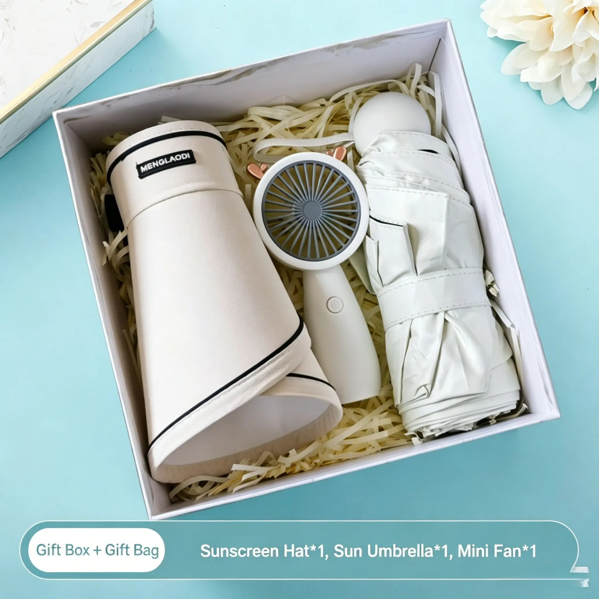 1Set Gift Box Combo, Available in Various Combinations with Handheld Mini Fan, Bamboo Glass Cup, Insulated Water Bottle, UV Protection Umbrella and Coral Fleece Towel, Perfect All-Season Party Favors & Ideal Gifts for All Occasions