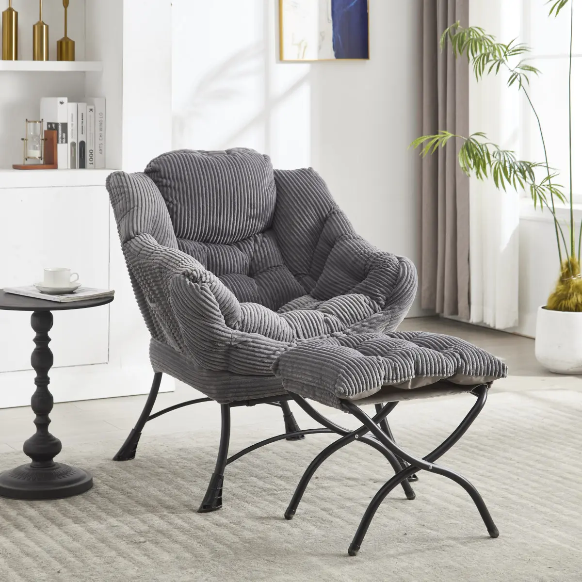 Lazy Chair with Ottoman, Modern Skinny Lounge Chair with Footrest | Foldable Footrest, Padded & Backrest with Side Pocket, Comfy Accent Reading Chair for Living Room & Small Spaces