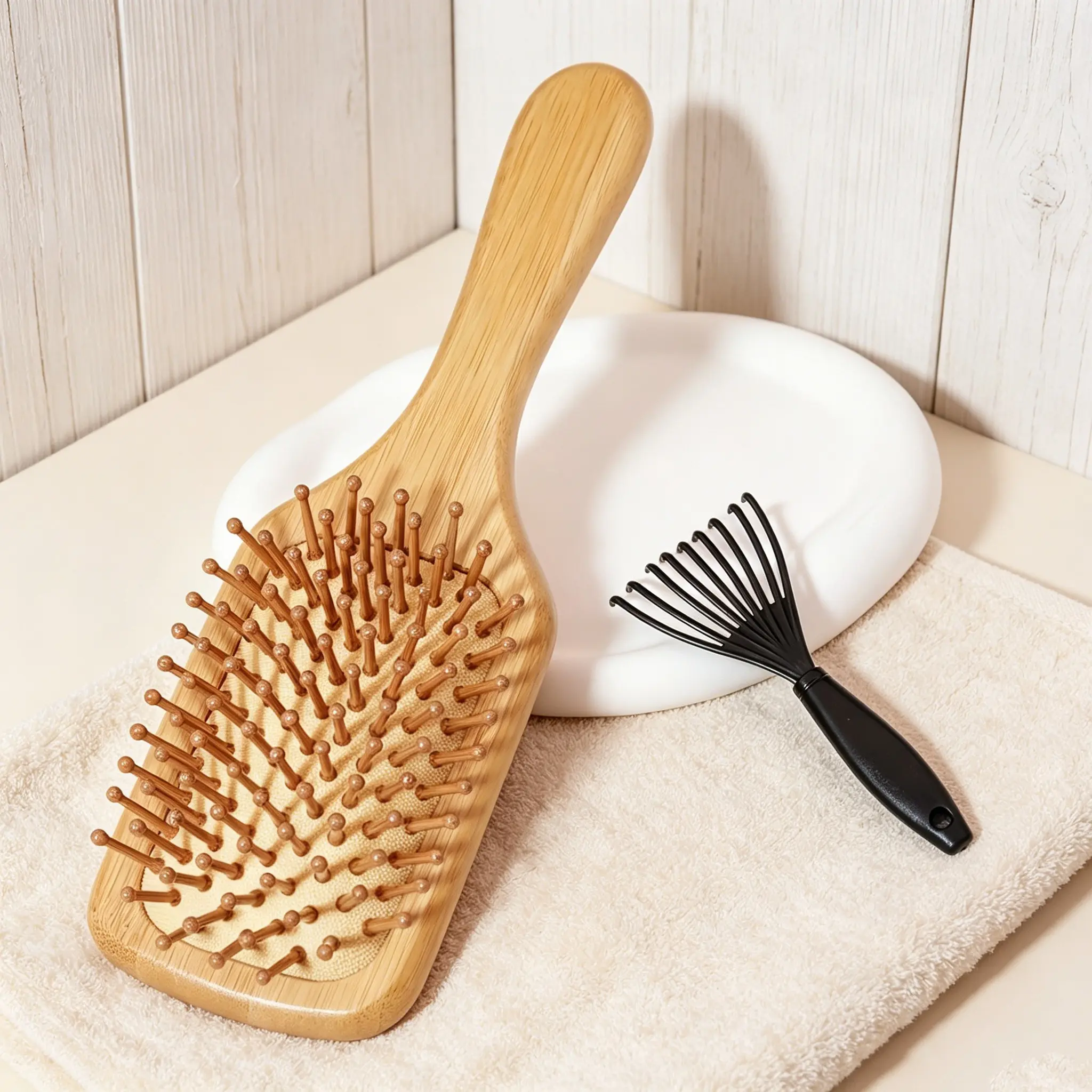 2Pcs Bamboo Natural Paddle Massage Hair Brush With Hair Comb Cleaner Rake Anti Static Detangling Scalp Care Styling Tool For All Hair Types Home Daily Hair Grooming Essential Brush Kit
