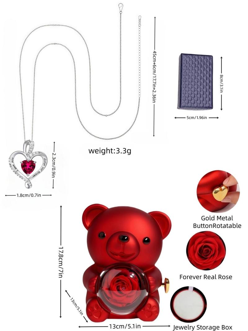 Bear Design Heart Shaped Pendant Necklace with Rose Gift Box, Fashion Jewelry for Party, Daily Clothing Decor, Trendy All-match & Exquisite Jewelry for Birthday Gift, Love Heart Necklace