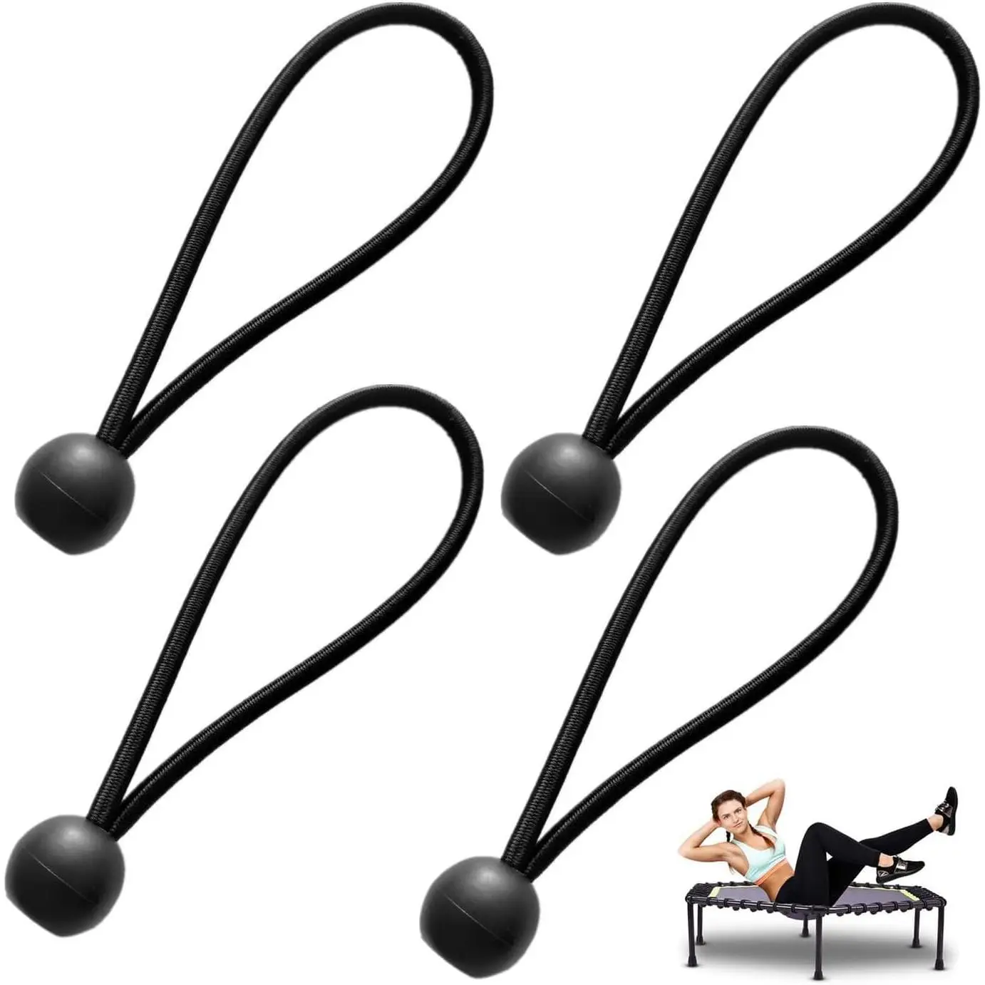 4 Pack Rebounder Trampoline Bungee Cords  6 Inch Bungee Balls Black Ball Bungee Elastic Straps for 40"/48" Mini Rebounder Trampoline Mini Trampoline Foldable Fitness Trampoline
