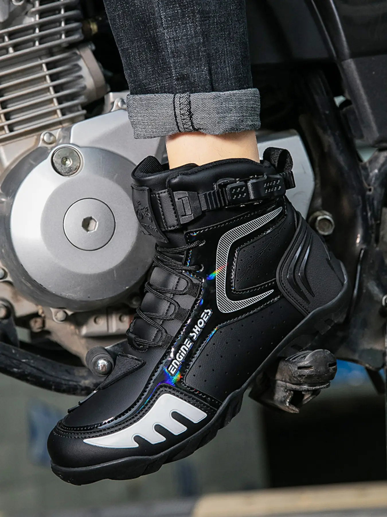 Men's Motorcycle Riding Boots, Anti-Slip Durable Comfortable Racing Shoes, Waterproof Protective Design, Ideal for Motorbike Enthusiasts, Rubber