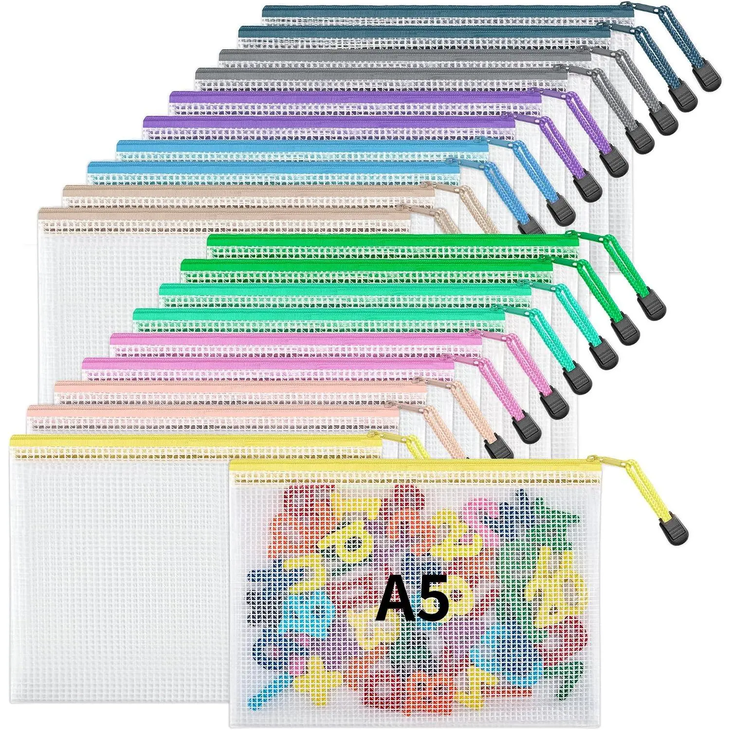 20 count Mesh Zipper Pouch Bags, 6x9 Inch/A5 Puzzle Bags with Zipper,  Zipper Pouches for Classroom Organization, Board  Storage, Travel, Office, School Supplies, 10 Colors