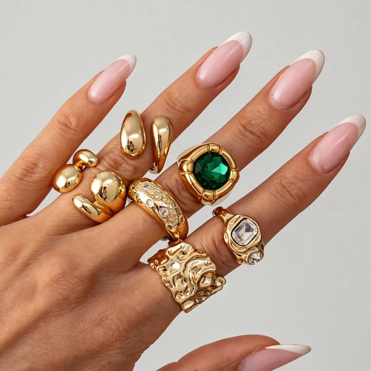 Y2K Viral Chunky Emerald Gemstone Ring Main Character Energy Baddie Aesthetic Molten Gold Statement Jewelry tiktokshopbacktoschool