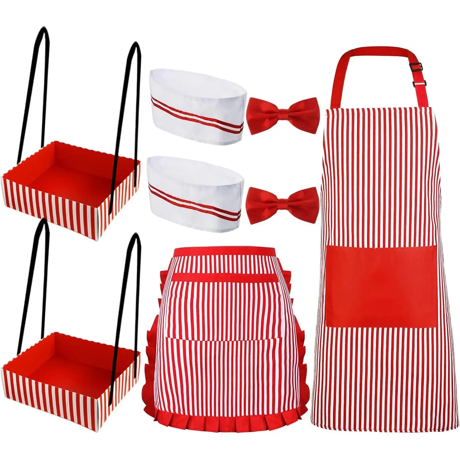 8 Pcs Adult 1950s Waiter Waitress Couple Costume Set for Halloween, Hot Dog Soda Jerk Movie Night Cosplay with Apron Hat Bow Tie Tray, Retro 50s Women Outfit Carnival Circus Party(Gift)