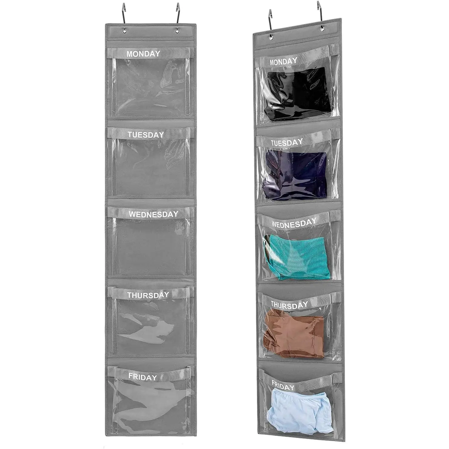 2 Pcs Day of Week Clothing Organizer Monday to Friday School Clothes Organizer for Kids Weekly Hanging Closet Organizer (GREY)