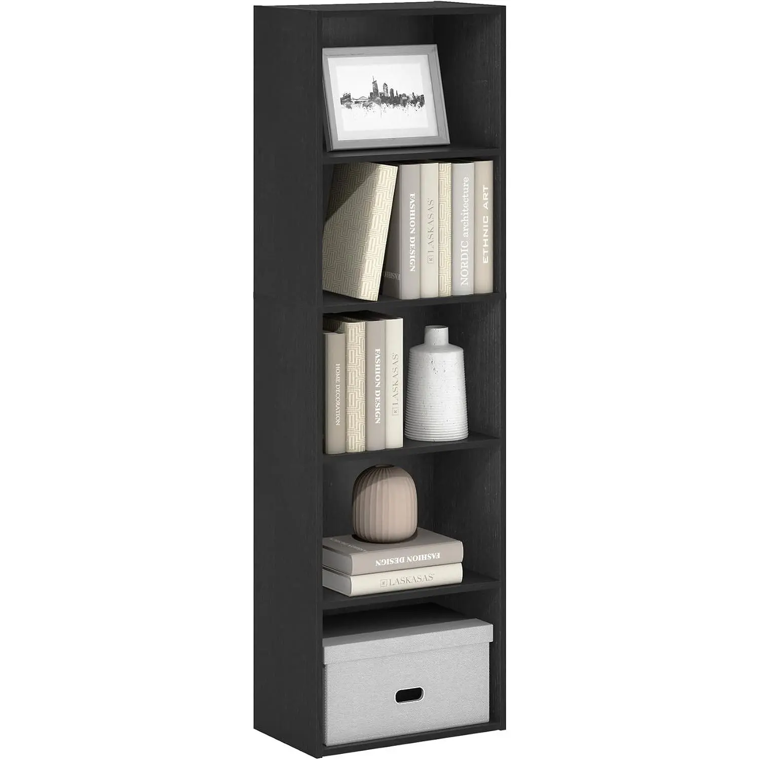 LUDER Wooden 5-Tier Open Bookshelf with Sturdy Base, 9.4x15.8x52in, Easy Assembly, for Living Room, Home Office, Blackwood Indoor Furniture
