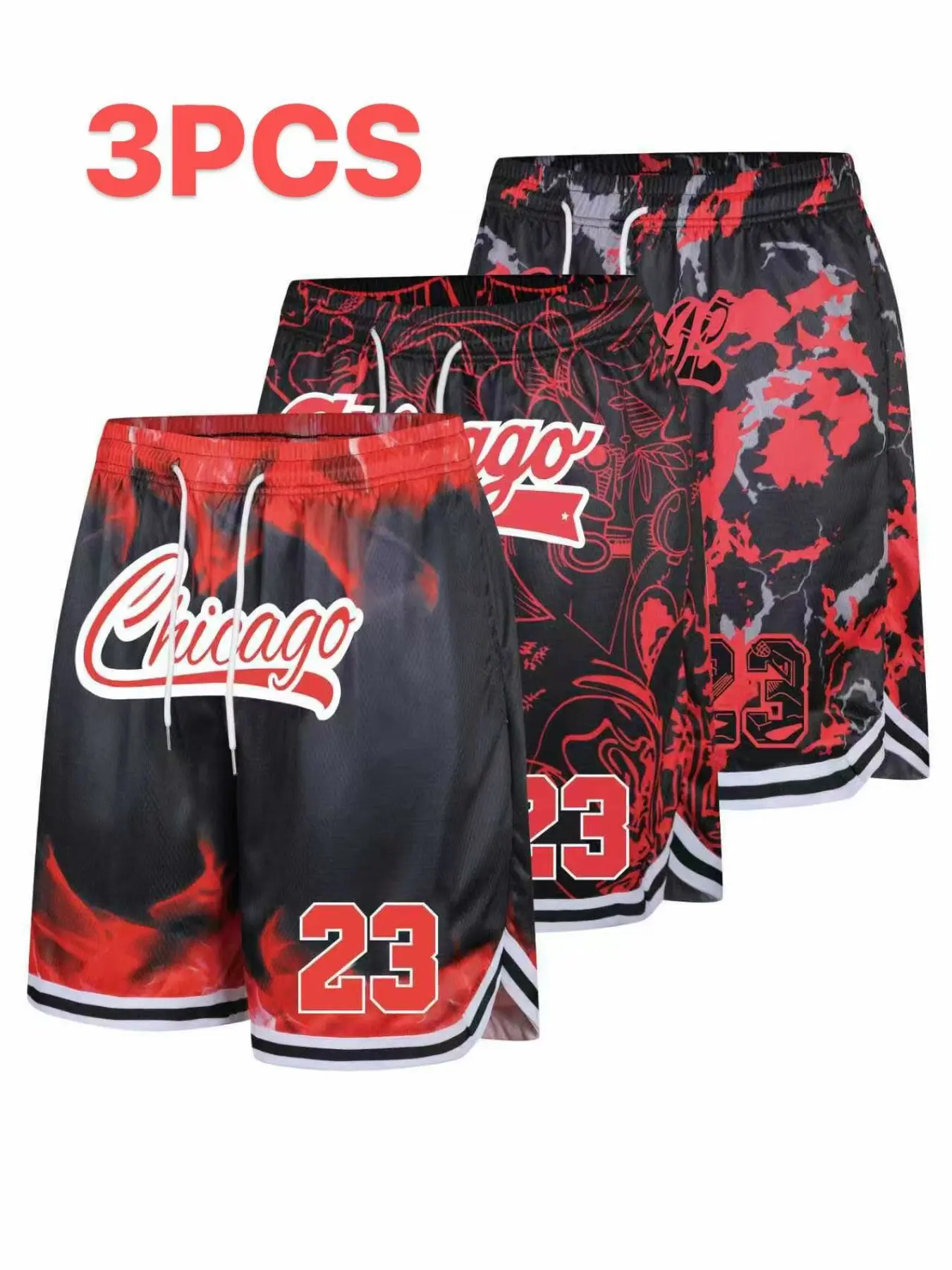 3-Pack Basketball Shorts, Casual Sports Pants, Full Print, Breathable Mesh, Ideal for Fitness and Recreation, Comfortable and Stylish