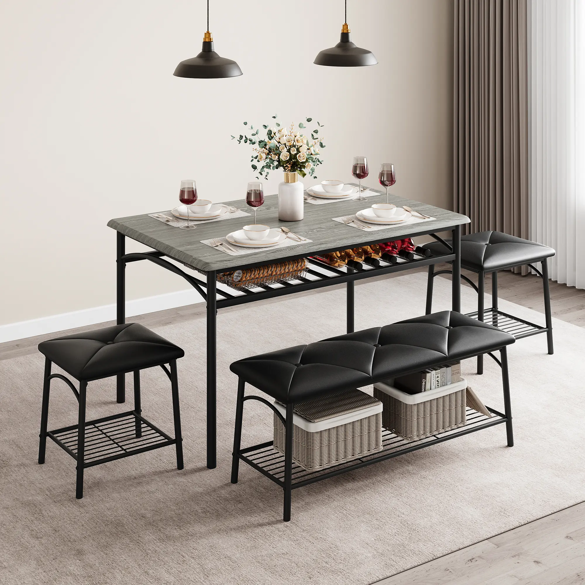 Sturdy Industrial 4-Seat Space-Saving Dining Table Set - Rectangular Wood Tabletop, 2 PU Leather Padded Chairs & Bench, Durable Heavy-Duty Metal Frame for Couples, Kitchen & Bar Area Indoor Furniture Set