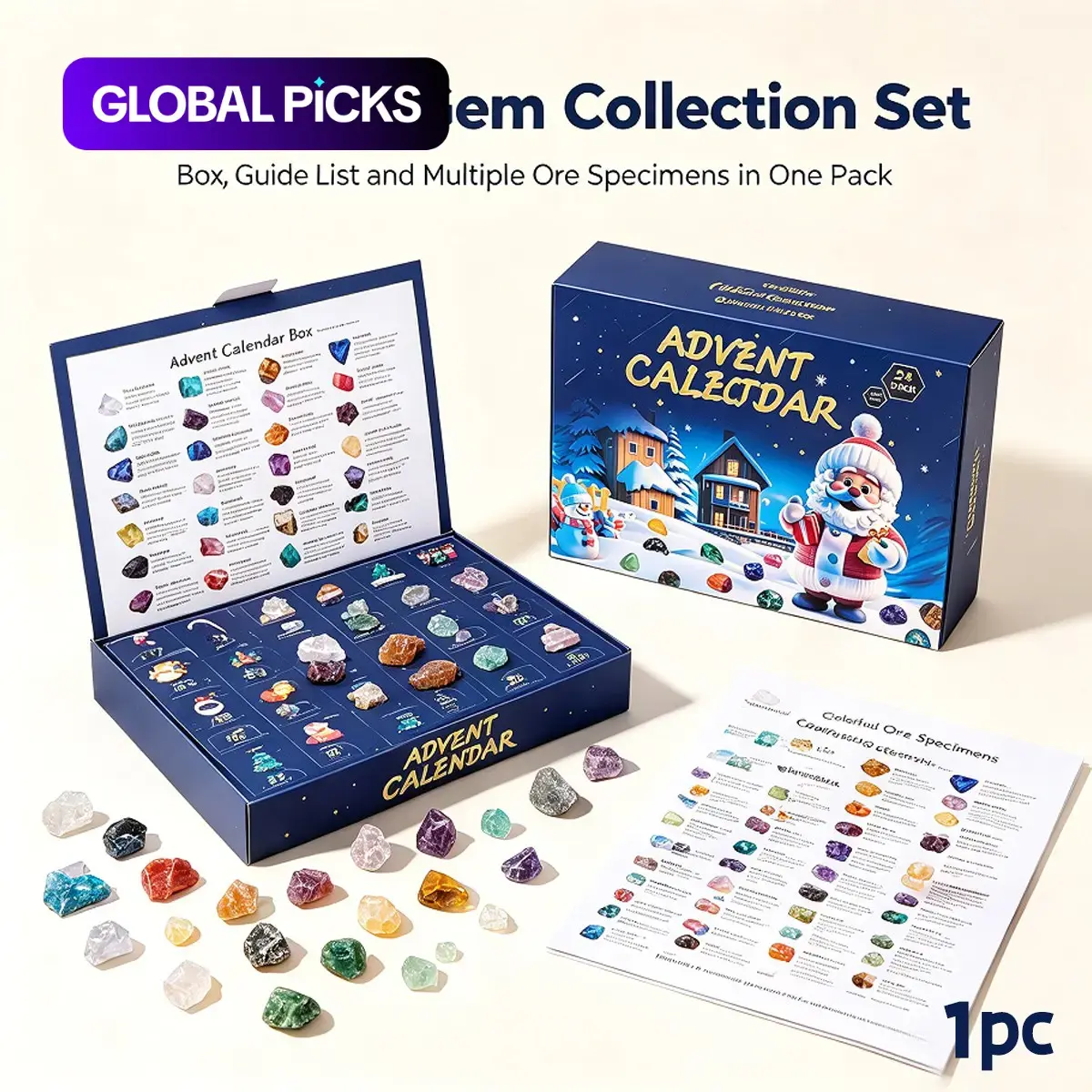 24-Day Christmas Countdown Advent Calendar, 24 Natural Raw Crystal Gemstones, DIY Educational Science Kit, Christmas Holiday Gift Set #GLOBAL PICKS