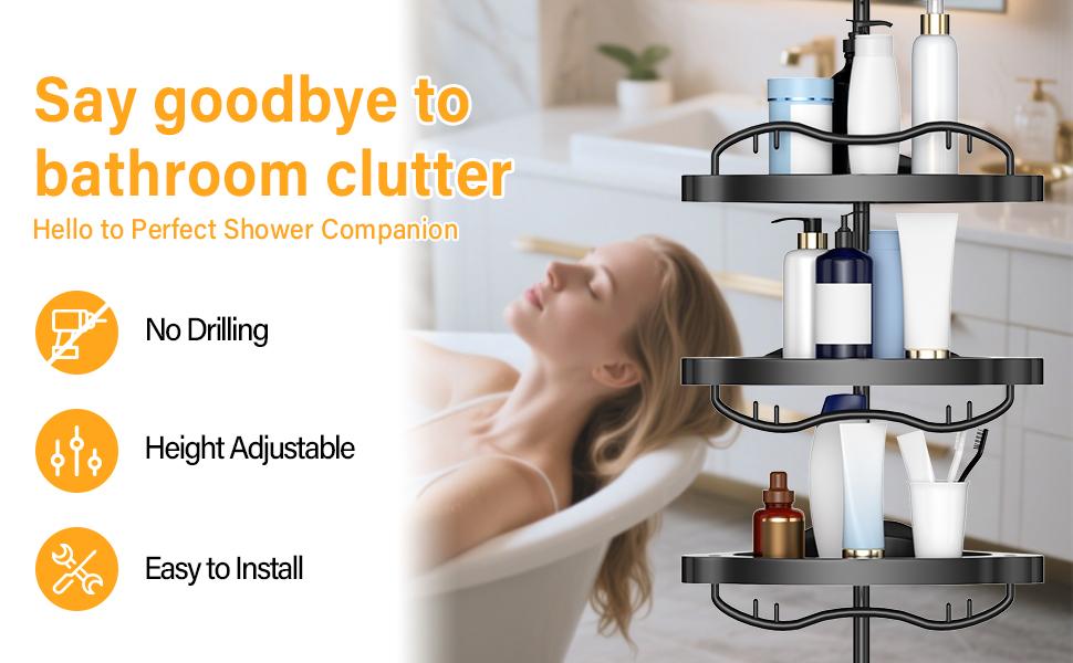 AGS Black Corner Shower Caddy Tension Pole - Heavy Duty Rustproof Stainless Steel Shower Organizer with 4 Adjustable Shelves, No-Drill Free Standing for Bathroom, Bathtub, RV,54" to 114" Tall