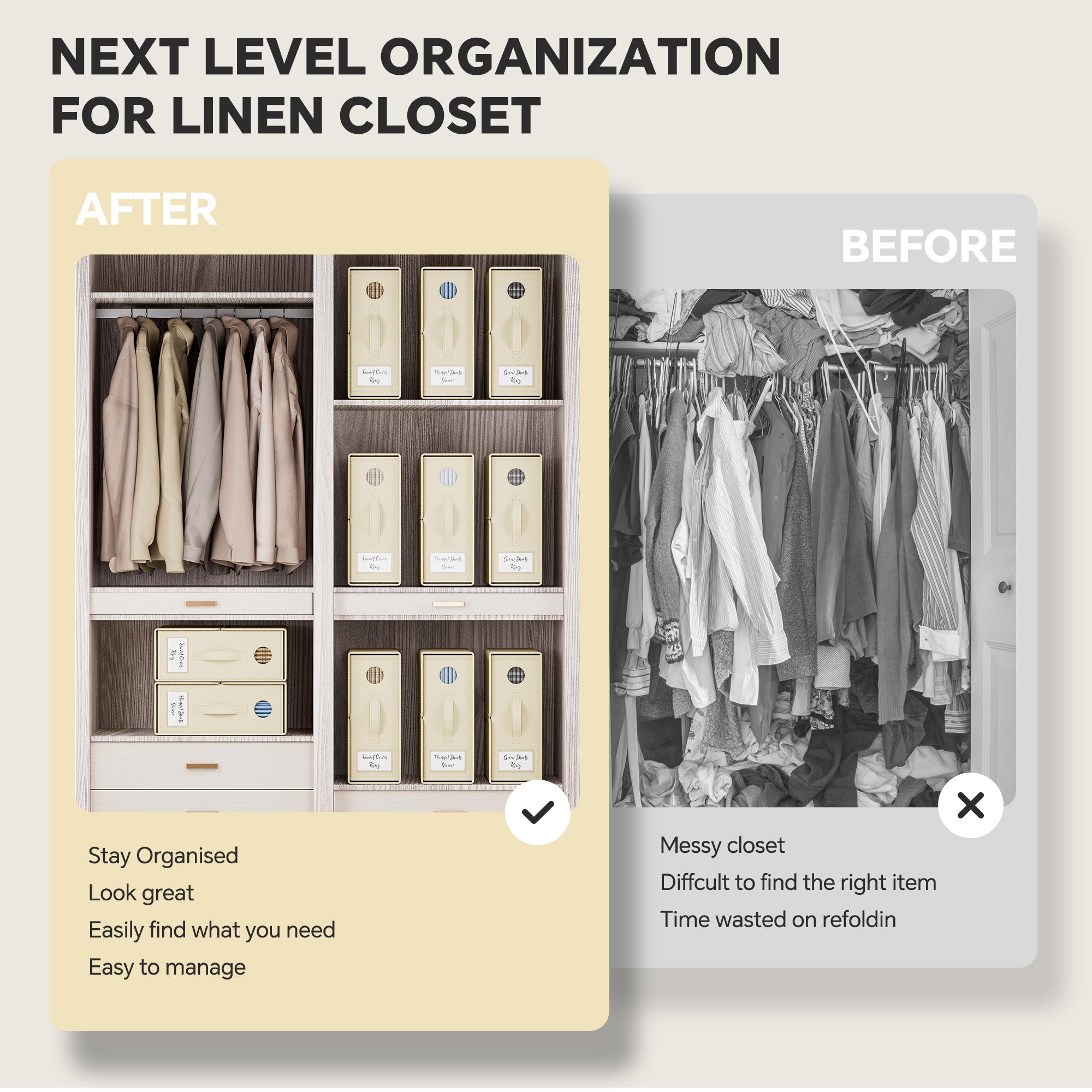 [Mega Deals]TRZZ Foldable Bedding Organizer, Fabric Storage Bins for Bed Sheets, Duvet Covers and Pillowcases, Closet Organizer, Storage Container Boxes for Blankets, Clothes (4/8 pack(Queen or King), color option Beige Grey or Black