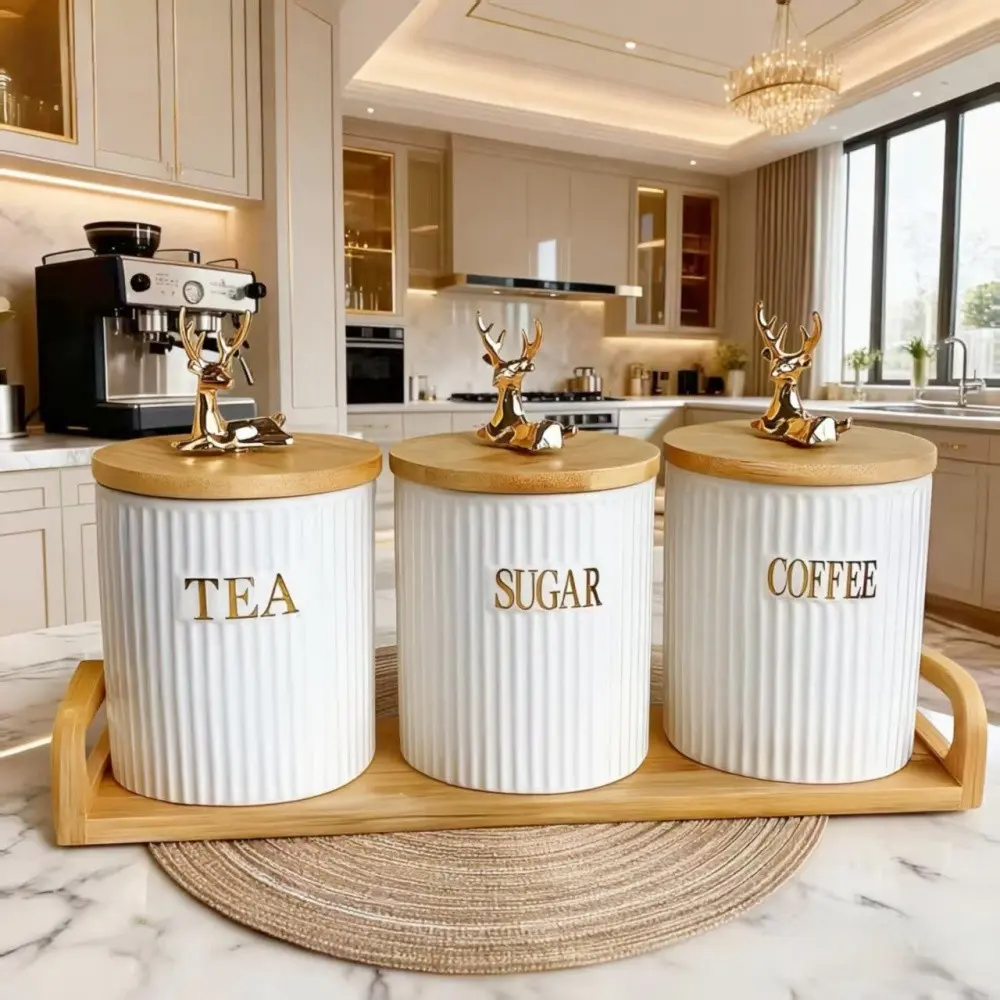 Luxury Deer Top Ceramic Sealed Jar Set, Moisture-Proof Tea Coffee Container, Jewelry Makeup Storage, Party Wedding Decor, Decorative Storage Containers