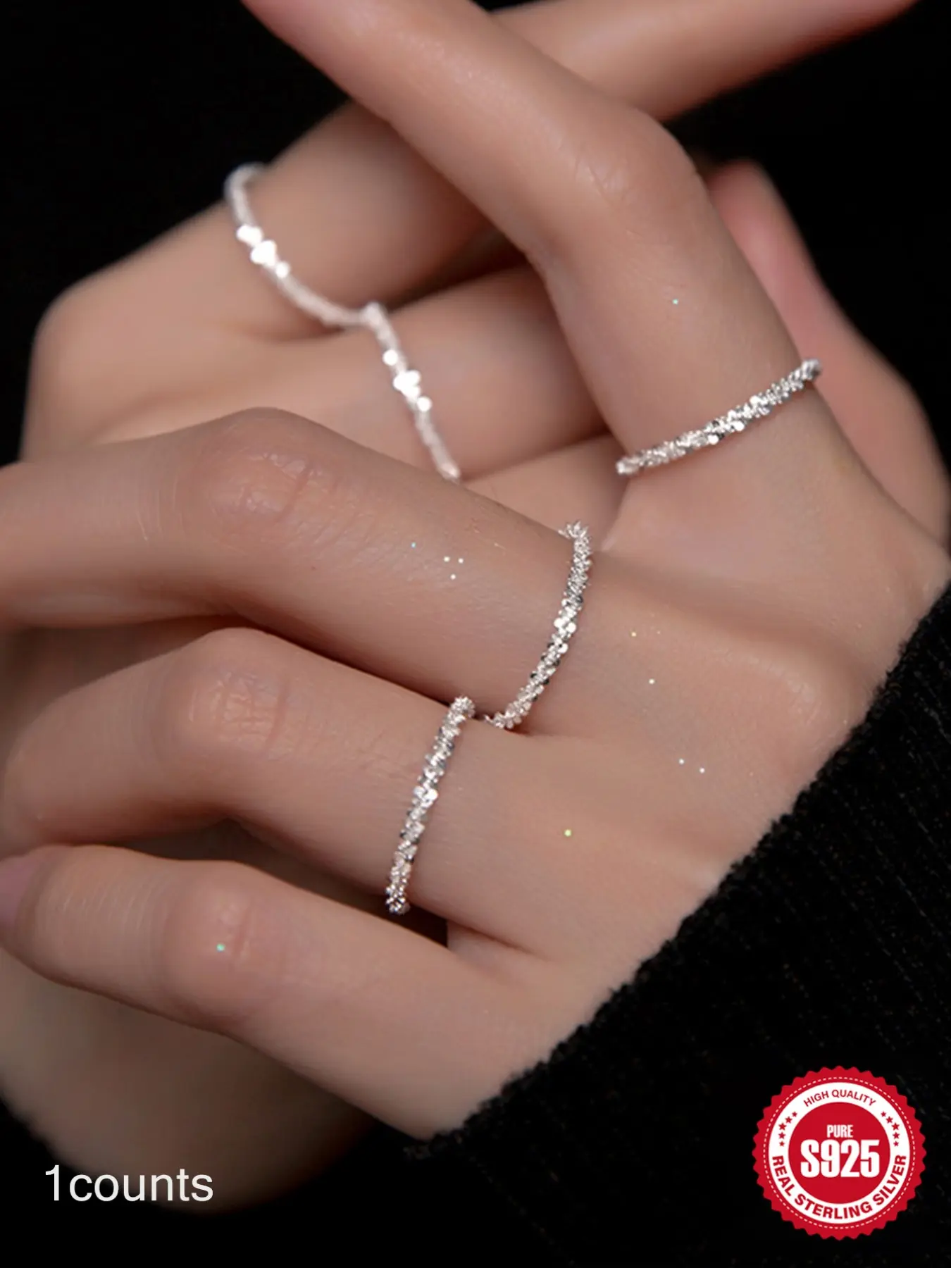 1pc S925 Sterling Silver White Gold Plated Chain Ring, Minimalist Shimmering Textured Ripple Soft Finger Link Ring, Hypoallergenic Comfy Jewelry Trendy Gift for Her Women