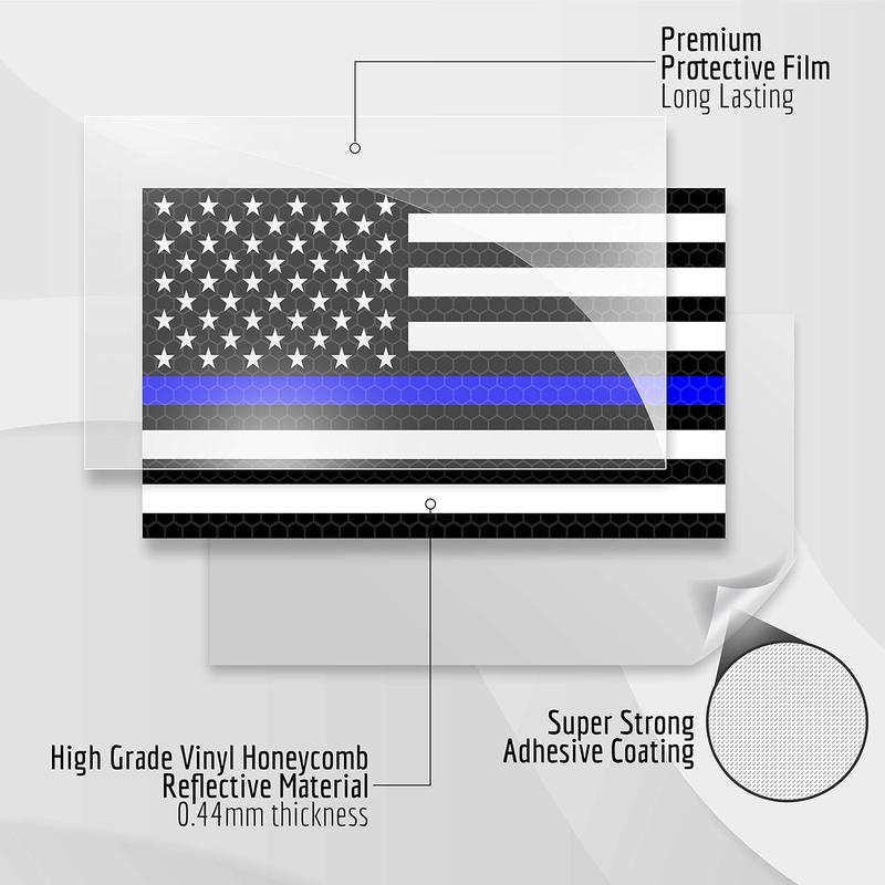 3-Pack Reflective Thin Blue Line Flag Decals (5x3") - Back The Blue Police Support Stickers | Blue Lives Matter Law Enforcement Decals for Car Bumpers & Windows