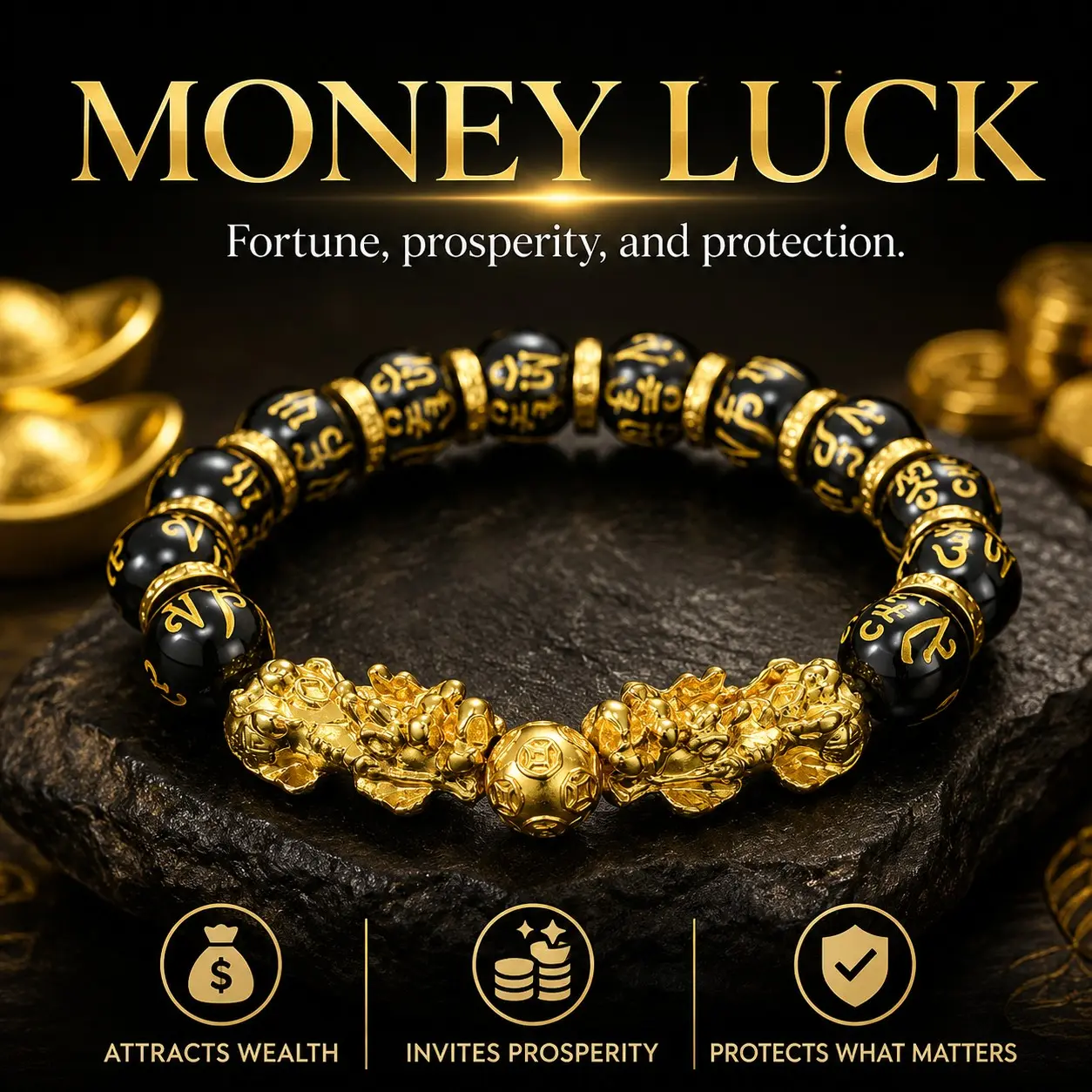 Men's 12mm Pixiu Money Luck Black Gold Mantra-Style Elastic Beaded Fortune Stretch Bracelet - Chinese Style Costume Jewelry Accessory, Elastic Beads Bracelets & Bangles, Chinese Style Bracelets & Bangles