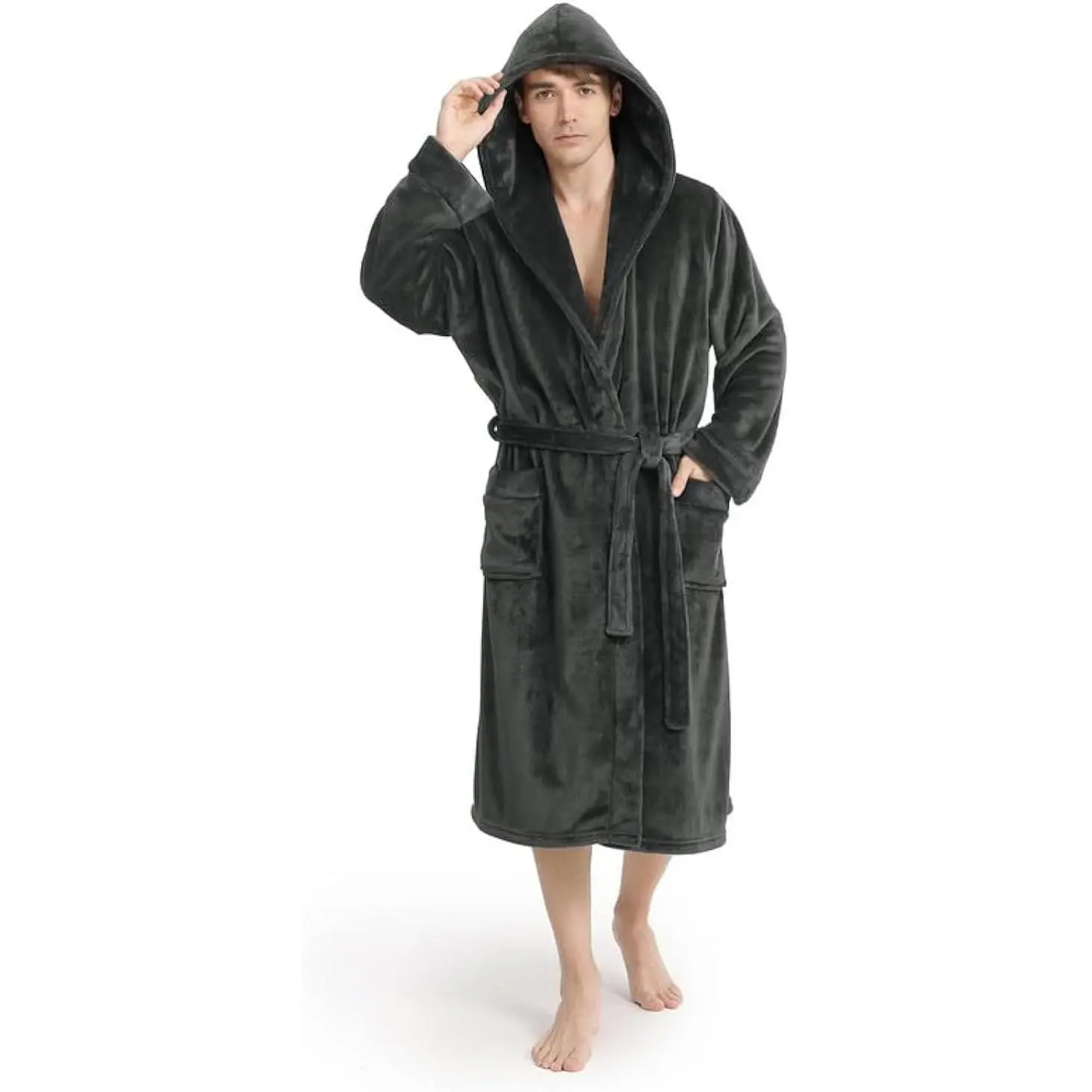 Luxury Mens Robe with Hood, Ultra Cozy Fleece Bathrobe for Men, Plush Hooded Robe with Belt & 2 Pockets(Gift)