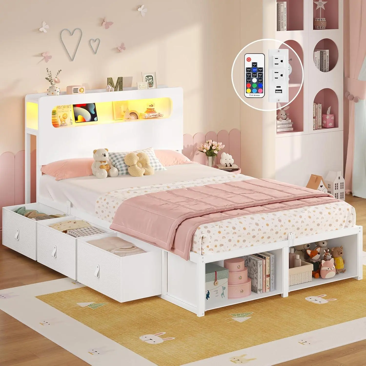 SIKAIC Modern Kids Twin Bed Frame - White Indoor Bedframe with 6 Sturdy Storage Drawers (19.7"l x 11.9"d x 10"h), 22 Strong Legs, LED Lights Headboard, Remote Control, USB Port, Power Outlet, 8" Book Compartment Shelf, 2 Open Cubbies