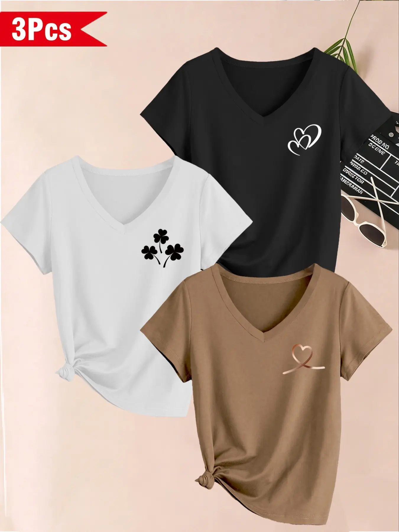 Women's 3-Pack V-Neck Short Sleeve T-Shirts, Top, Heart Pattern, Slim-Fit, Soft Elastic Fabric, Casual All-Season Wear