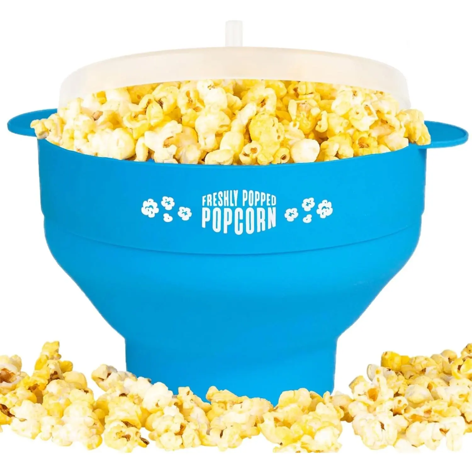 Blue Microwave Air Popcorn Popper - 15-Cup Heatable Popcorn Bowl, No Oil Required, Collapsible Portable 8in Diameter Round Bowl with Lid, PVC-Free, Dishwasher Safe, 5.625x8in Dimensions for Dorm Rooms, Smokeless Movie Nights, 15 Cups
