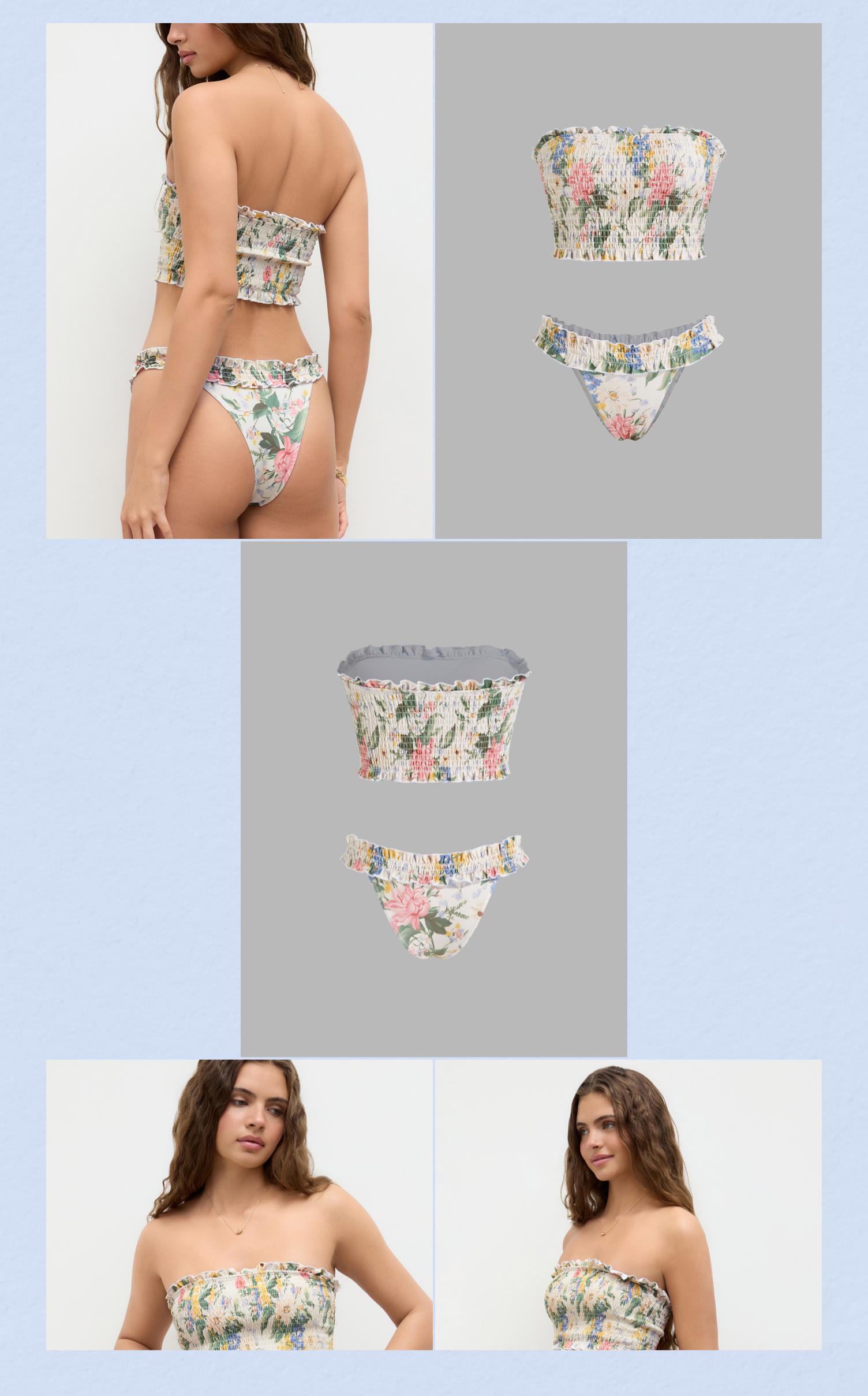 Cider Bandeau Floral Shirred Lettuce Trim Bracelet Bikini Set SpringStatements