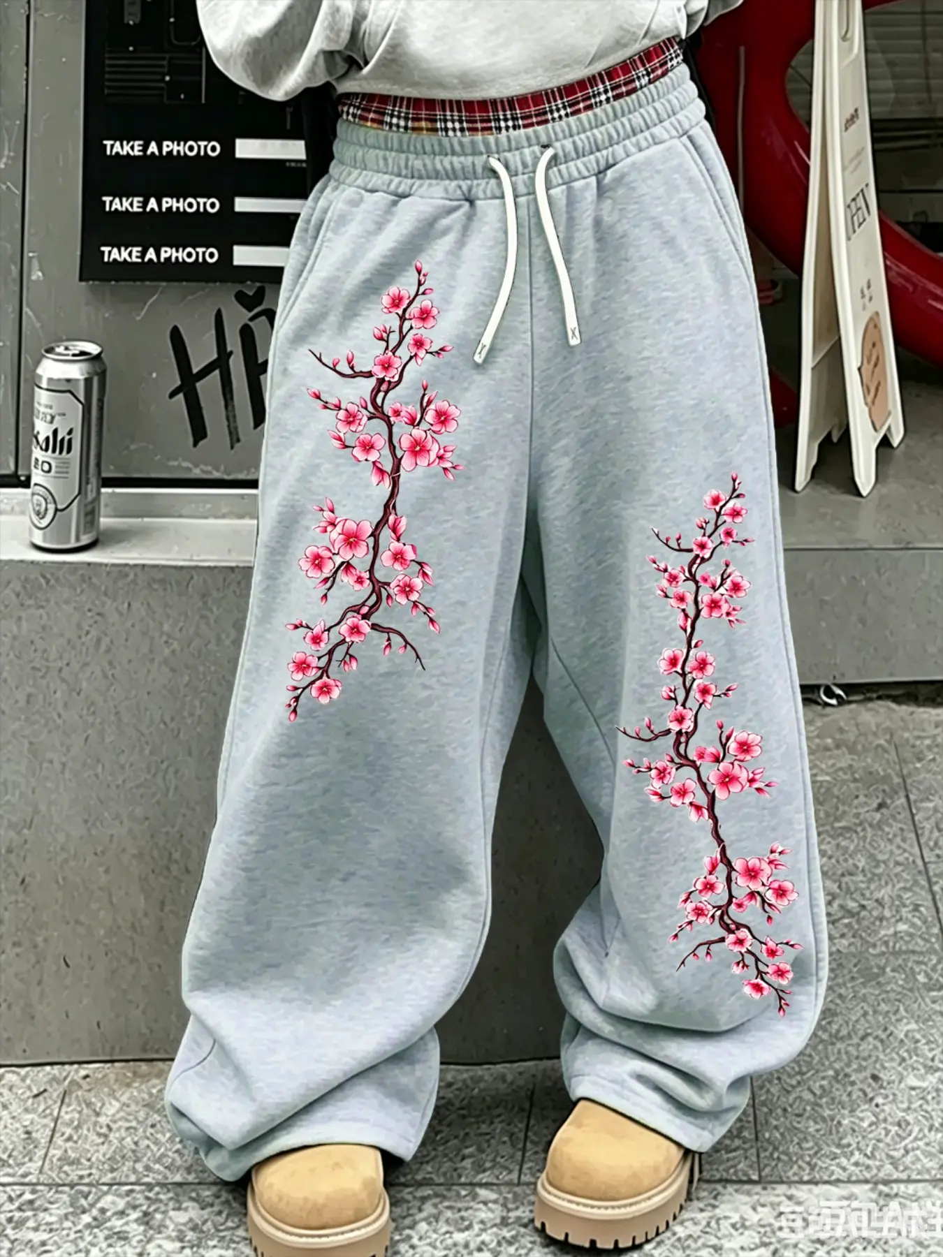 American Vintage Plaid Waist Patch Wide Leg Sweatpants, Cherry Blossom Floral Print Loose Straight Pants, Y2K Street Hip Hop Casual Pants, Unisex Couple Wear