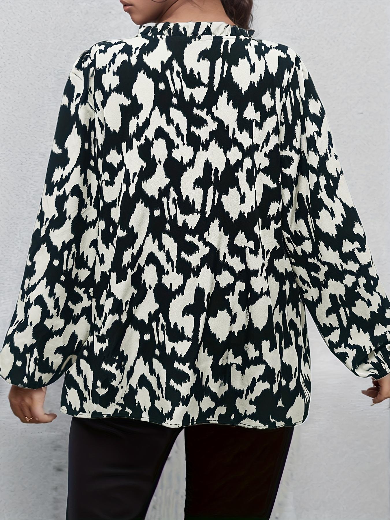 Plus Size Leopard Print Shirt Collar Blouse, Elegant Long Sleeve Woven Top for Spring & Fall, Women's Plus Size Clothing