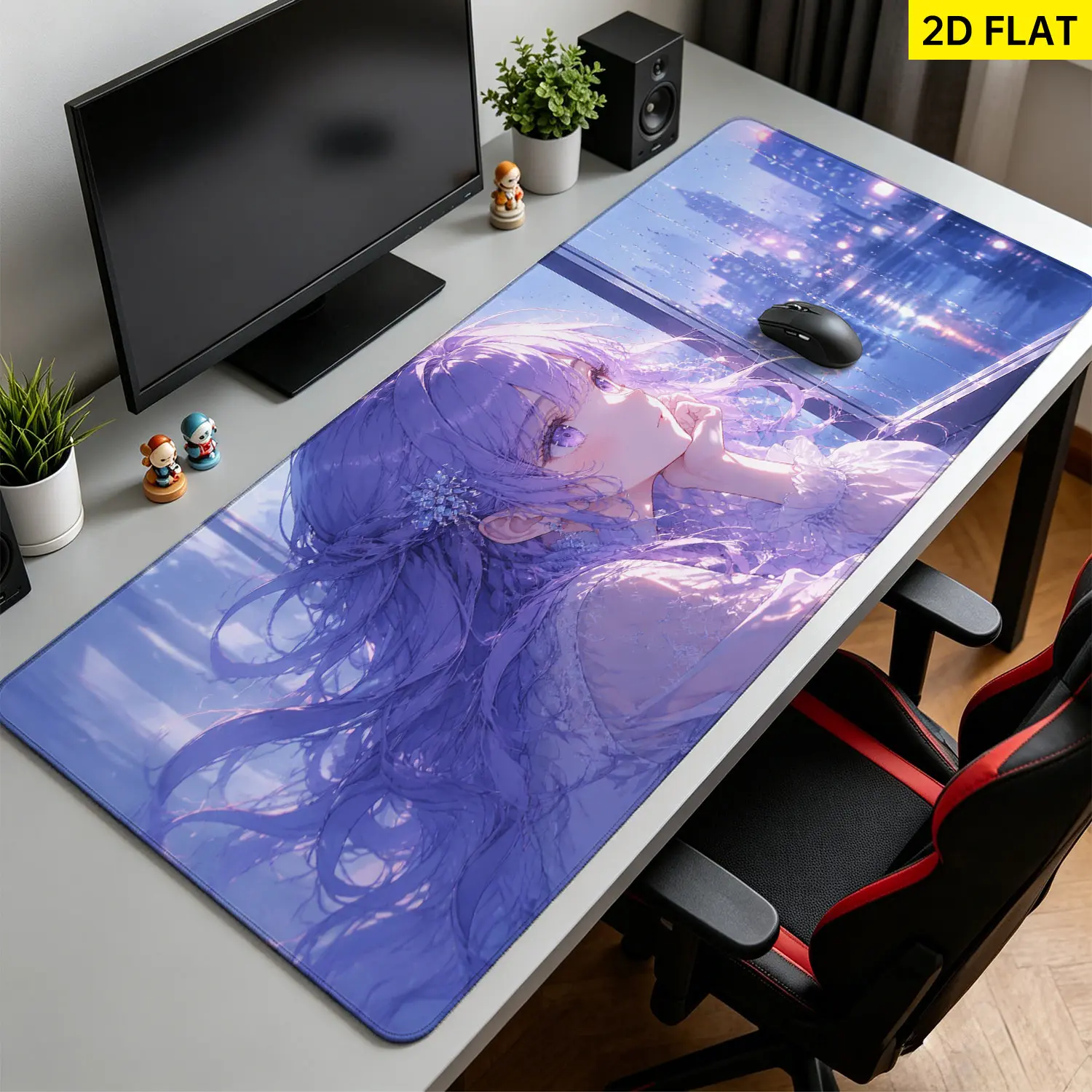 Extra Large purple anime aesthetic girl city view Mouse Pad,Non Slip Rubber Pad,Desktop Decoration Drotection Pad,Washable,Lock Edge Multi Size,Premium Multipurpose Mousepad For Home,Office,Gift for Family and Friends