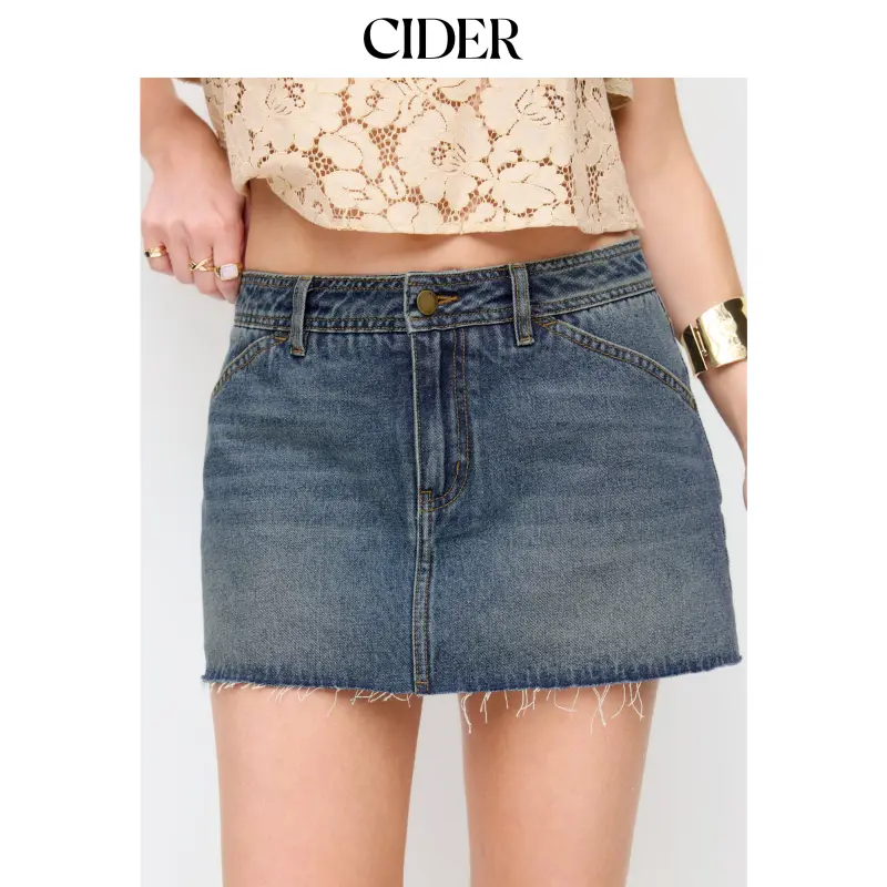 Cider Washed Denim Low Rise A-line Mini Skirt With Metal Detail