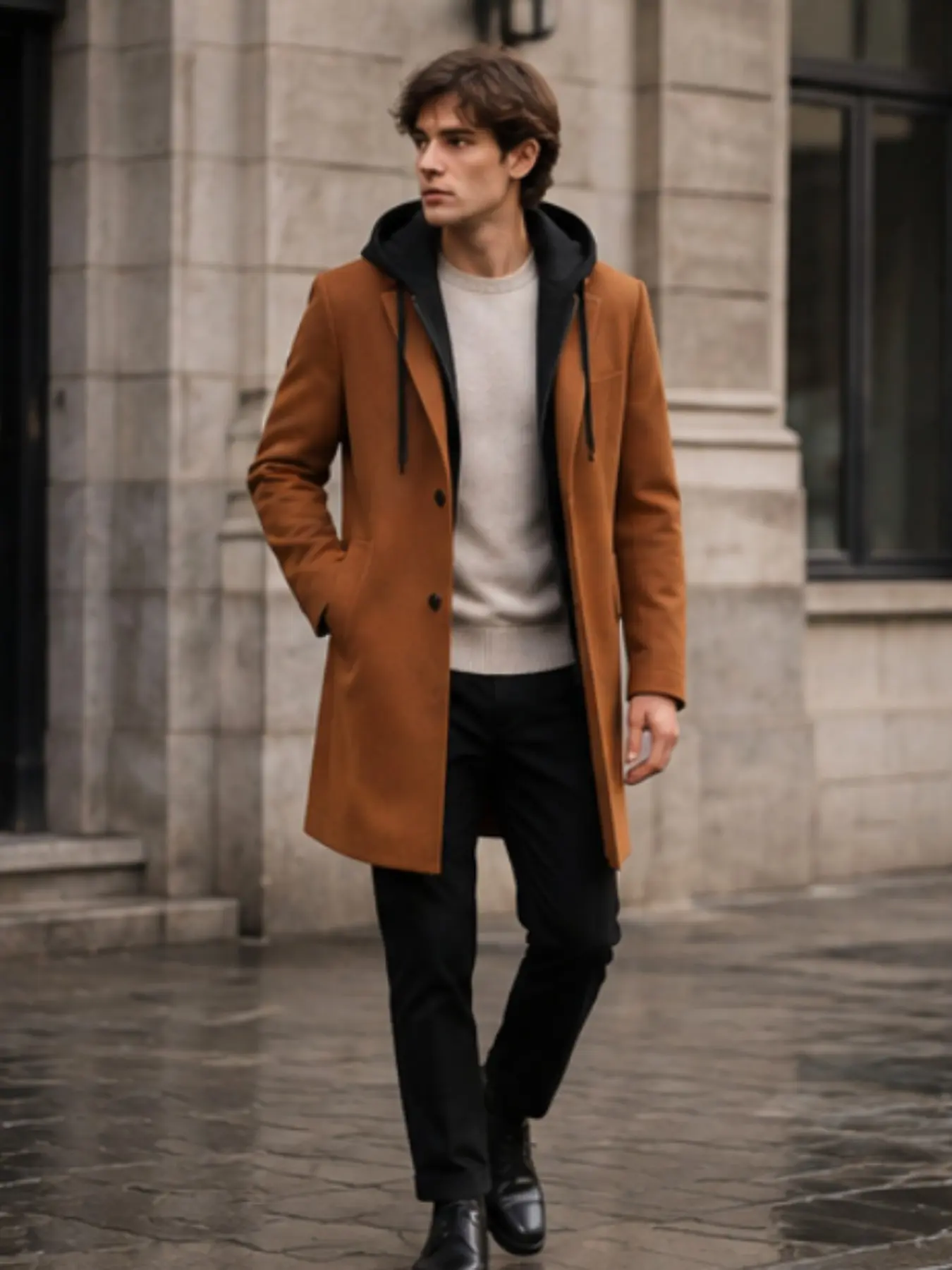 Men's Thickened Hooded Two-Piece Medium-Length Wool Coat, Warm Outerwear, Stylish and Cozy, Perfect for Cold Weather