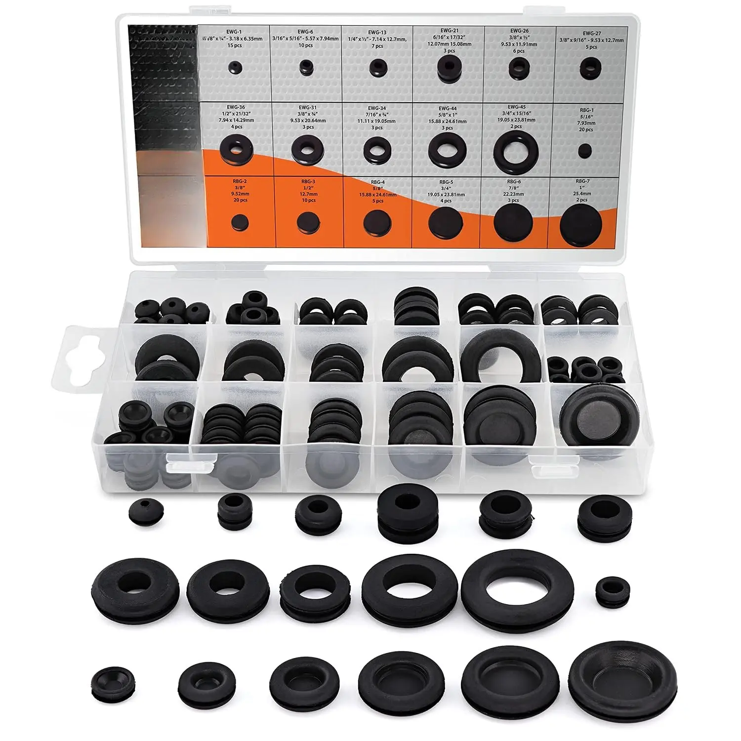 125 count 18 Sizes Rubber Grommet Kit - Includes Grommets for Wiring, Hole Plugs, and Automotive Firewall Grommet (1/4' 5/16' 1/2' 7/32' 3/8' 9/16' 5/16' 5/8' 3/4' 7/8' 15/16' 21/32' 1')