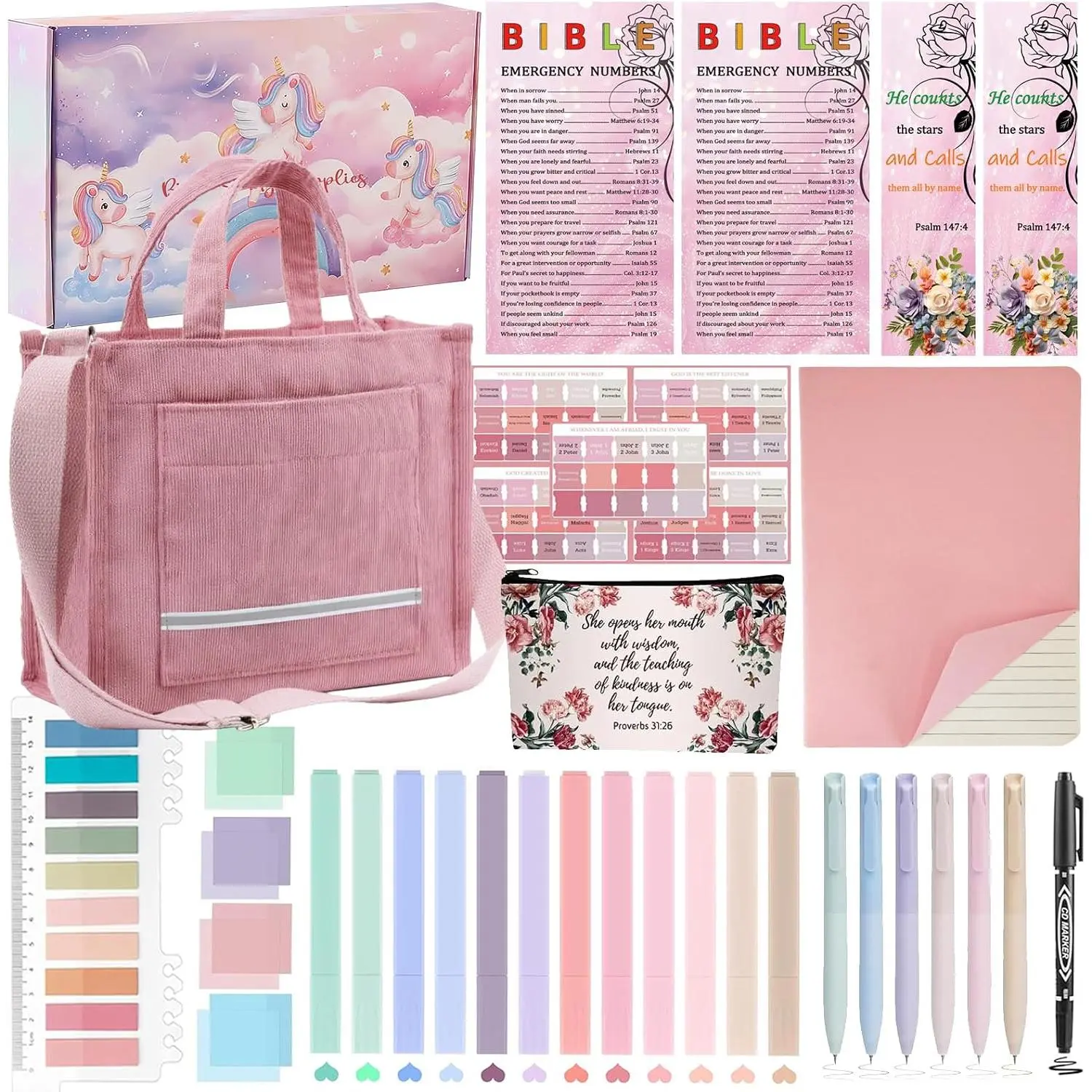 Women's Christian Gift Study Journaling Kit with Bag - Office/School Annotation Set Including Highlighters, Pens, Pencil Case, Number Stickers, (-M) Notebook