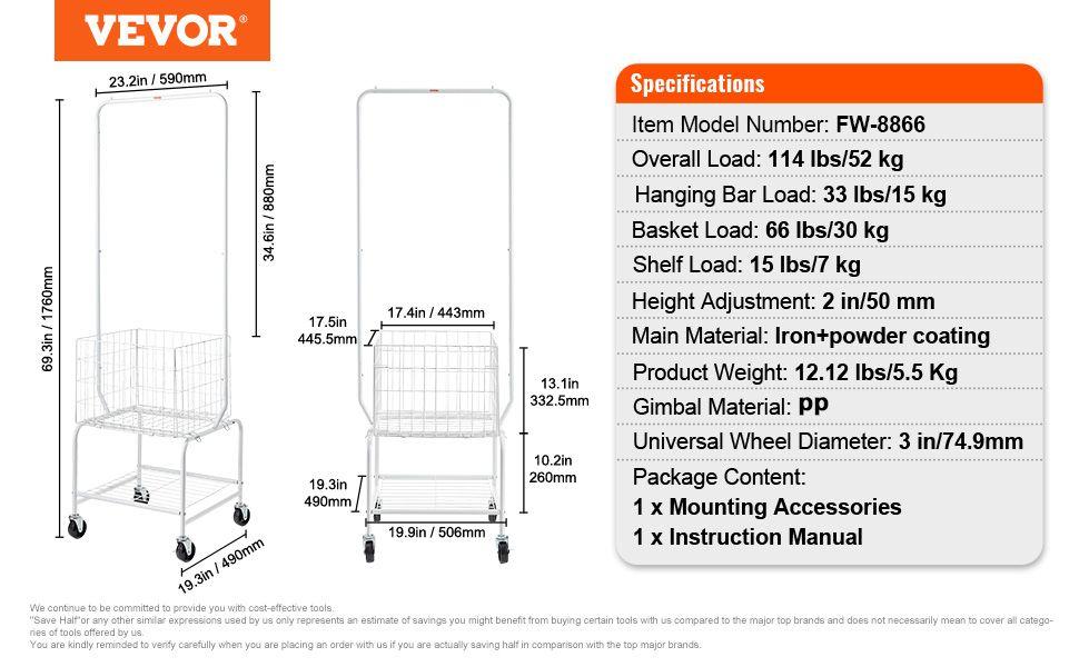 VEVOR Metal Rolling Laundry Basket with Hanging Garment Rack, Height Adjustment Laundry Hamper Cart with Basket Load and Shelf Load, Storage Organizer with Heavy Duty Lockable Wheels VEVOR Metal Rolling Laundry Basket with Hanging Garment Rack, Height Adjustment Laundry Hamper Cart with Basket Load and Shelf Load, Storage Organizer with Heavy Duty Lockable Wheels