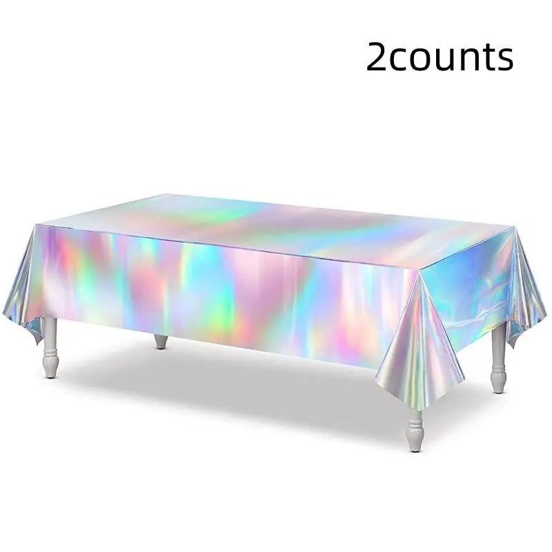 2 Pack Fluorescent Plastic Tablecloths, Disposable Rainbow Party Decorations, Holographic Aluminum Foil Rectangular Tablecloth