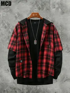 Mcd Plaid Long Sleeve Shirt Jacket, Unisex Casual Loose-Fit, Spring & Fall Fashion, Hooded Design, Perfect for Daily Wear and Outdoor Activities