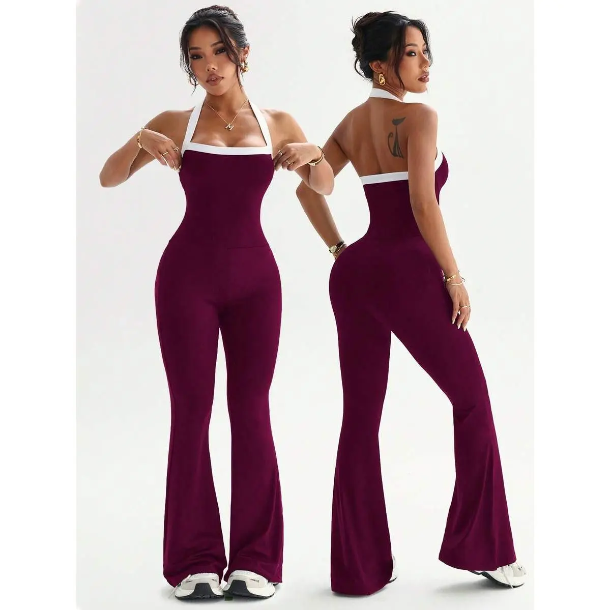 Women's Polyester Blend Unitard Jumpsuit - Spaghetti Strap, Contrast Color, Backless Dress, Skinny Cut, Padded, Tummy Control, Outdoor Yoga Fitness Wear, Dry Clean Safe, Yoga Studio Wear