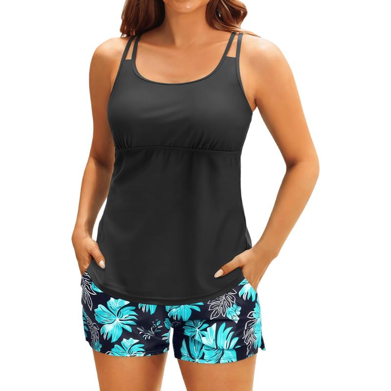 Women's Double Strap Tankini Set - Ruched Waist Slimming Two Piece Bathing Suit with Printed Shorts for Summer Beach & Vacation