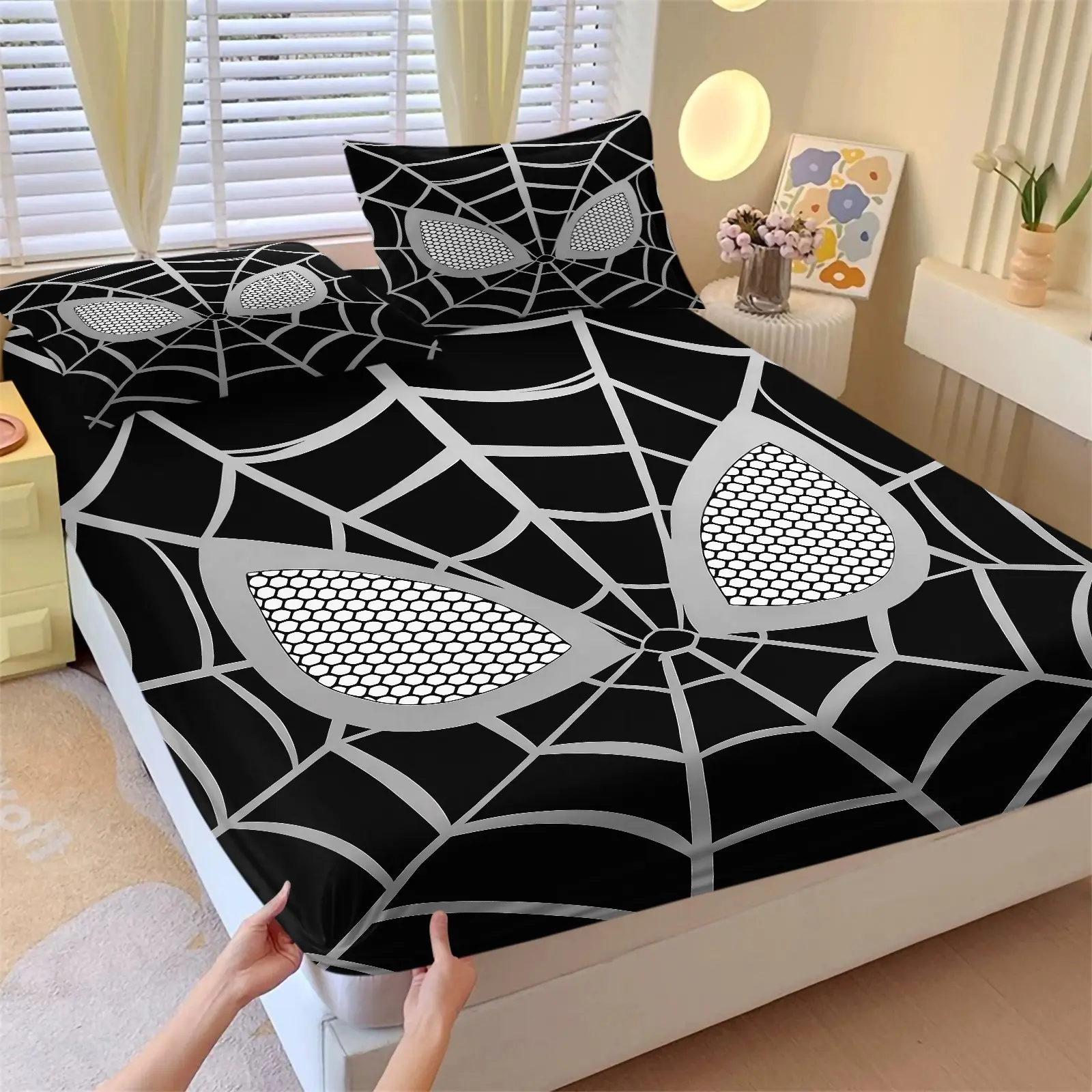 3PCS Black Grey Spider Web Hero Mask Graphic Pattern Fitted Sheet Set, Bed Sheet Sets (1 Fitted Sheet + 2 Pillowcases), Ultra Soft Breathable Fabric, Stretch Deep Pocket, Modern Trendy Youth Bedroom Decor Accessories