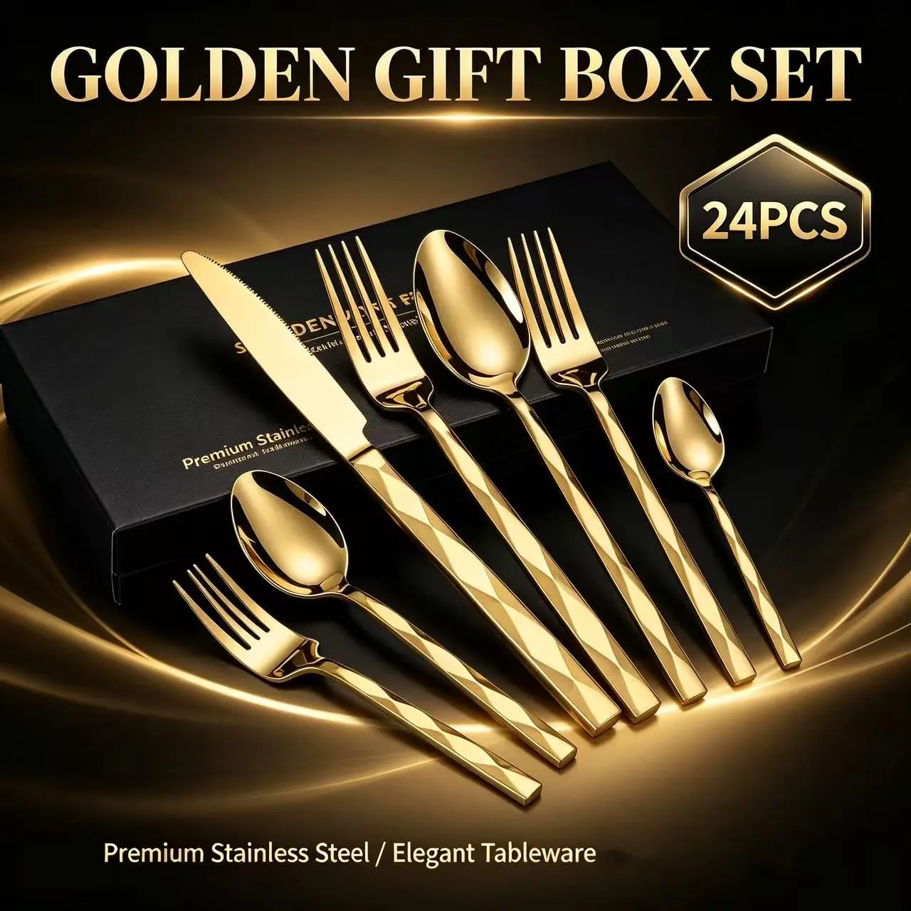 Luxury Rhombus Handle Stainless Steel Western Cutlery Set, 24/40/48 Piece Home Steak Knife Fork Spoon Combo, Elegant Dining Essentials