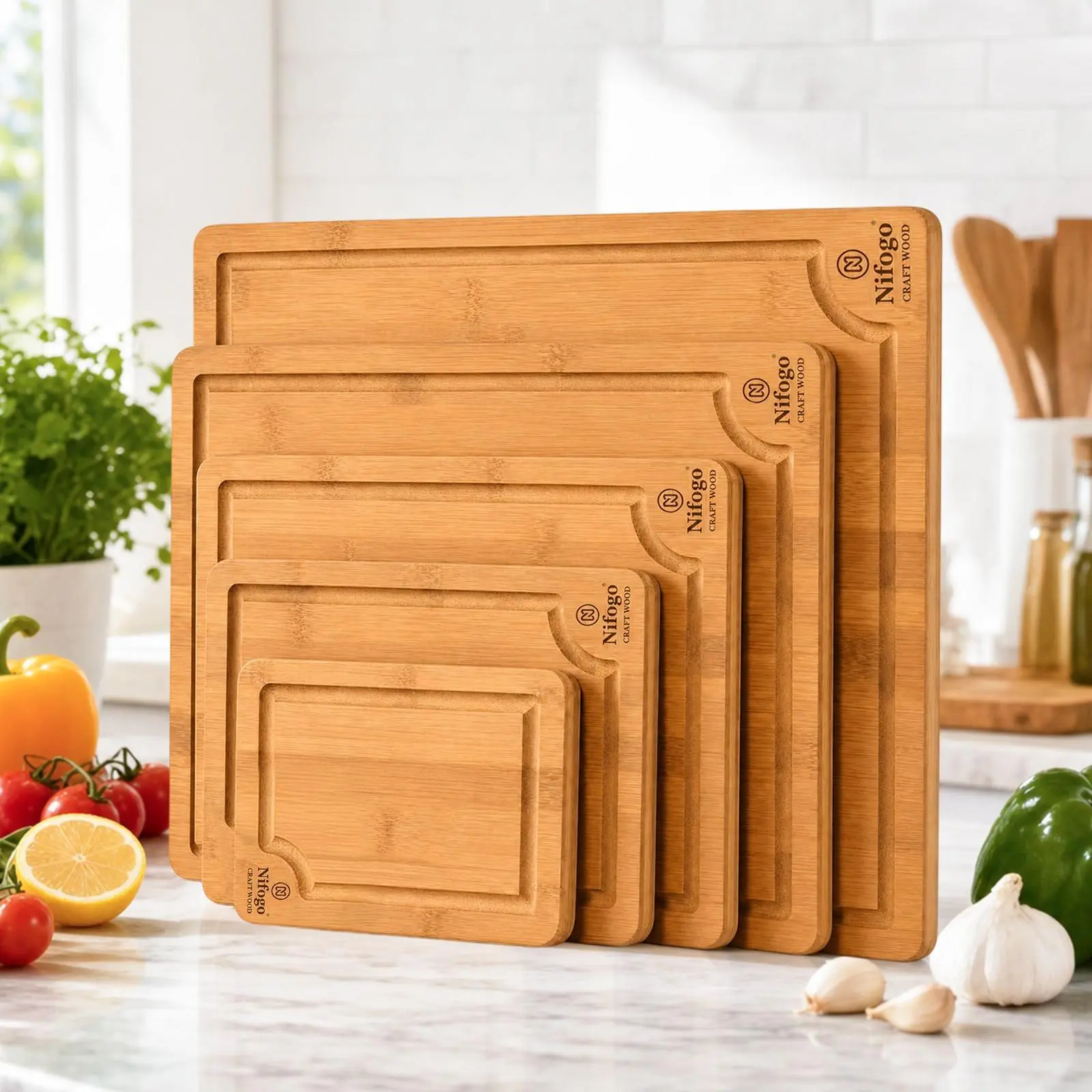 5-Piece Extra Large Bamboo Cutting Boards Set for Kitchen, Heavy Duty Cutting Board with Juice Groove, Bamboo Chopping Board Set for Meat, Vegetables - Pre Oiled